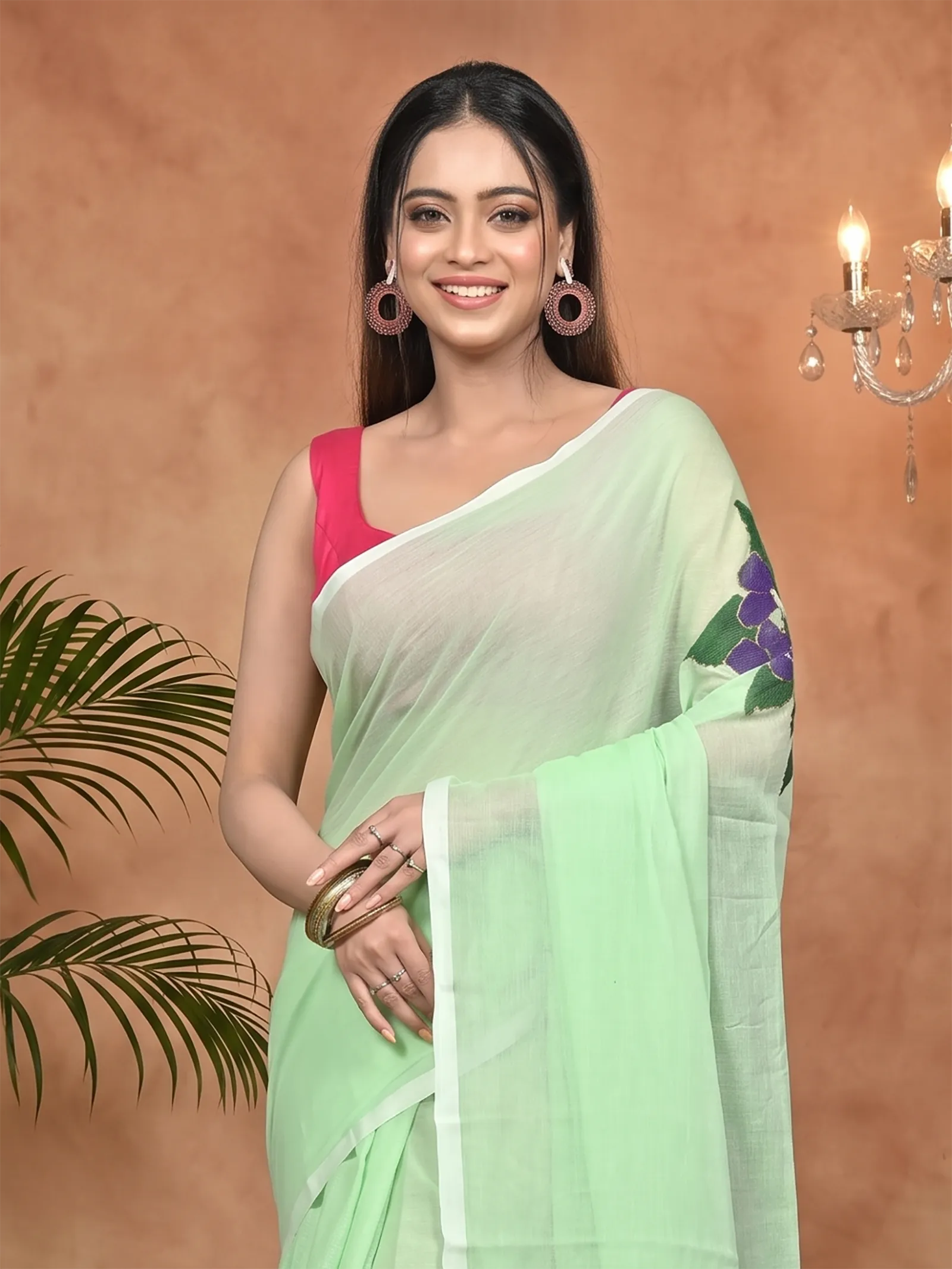 DipDiya Pure Cotton Light Green Norika Elegant by Tradition Hand Painted Sarees