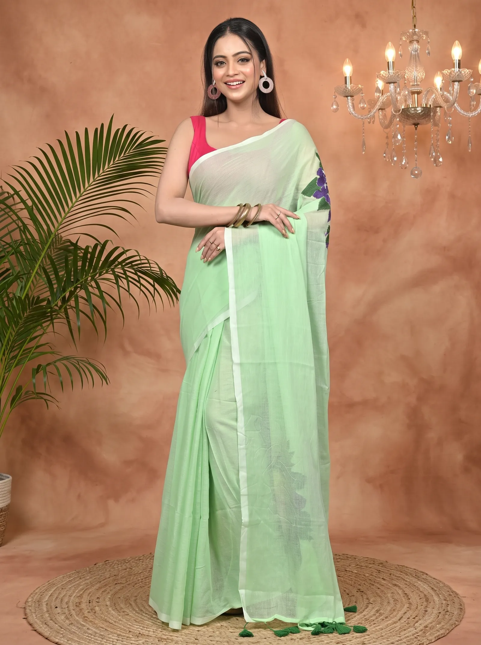 DipDiya Pure Cotton Light Green Norika Elegant by Tradition Hand Painted Sarees
