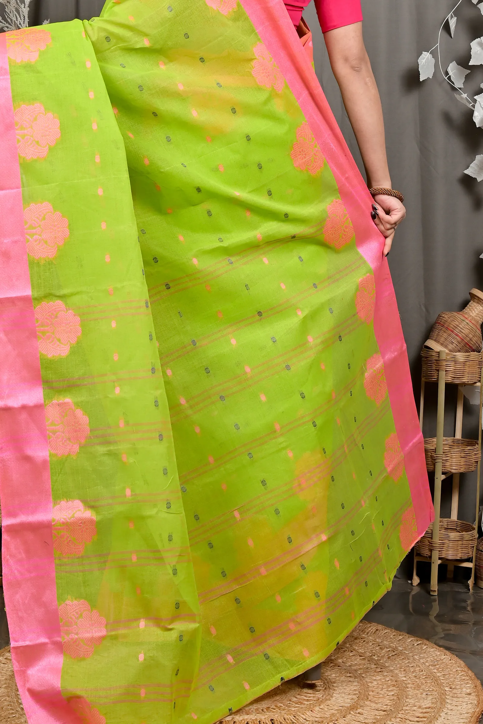 DipDiya Pure Cotton Light Green Pink Fipani Woven by Hand Tant Sarees