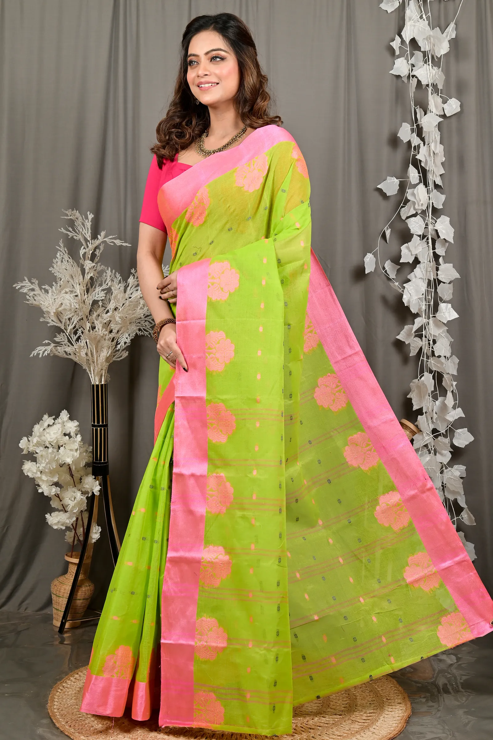 DipDiya Pure Cotton Light Green Pink Fipani Woven by Hand Tant Sarees