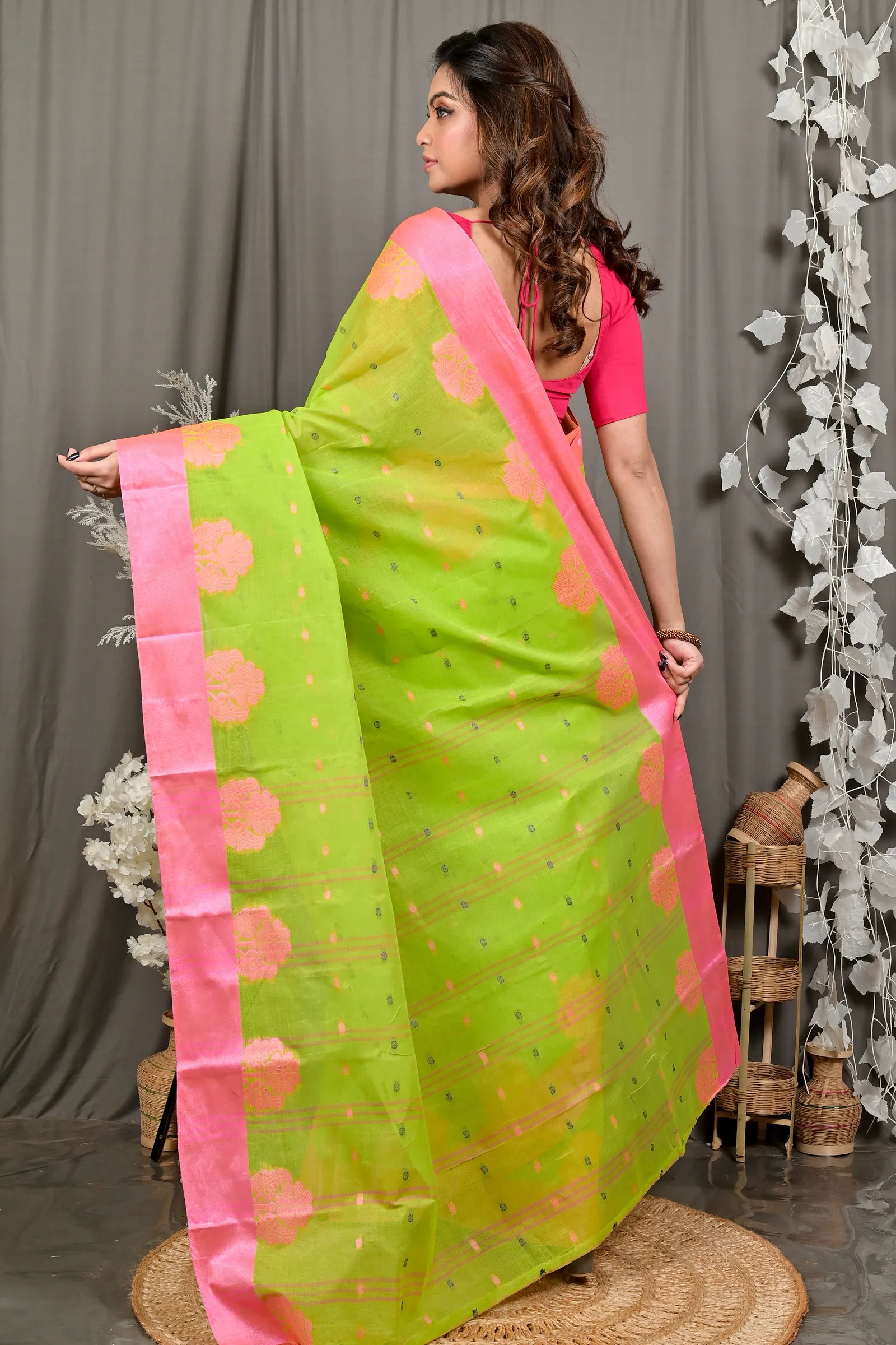 DipDiya Pure Cotton Light Green Pink Fipani Woven by Hand Tant Sarees