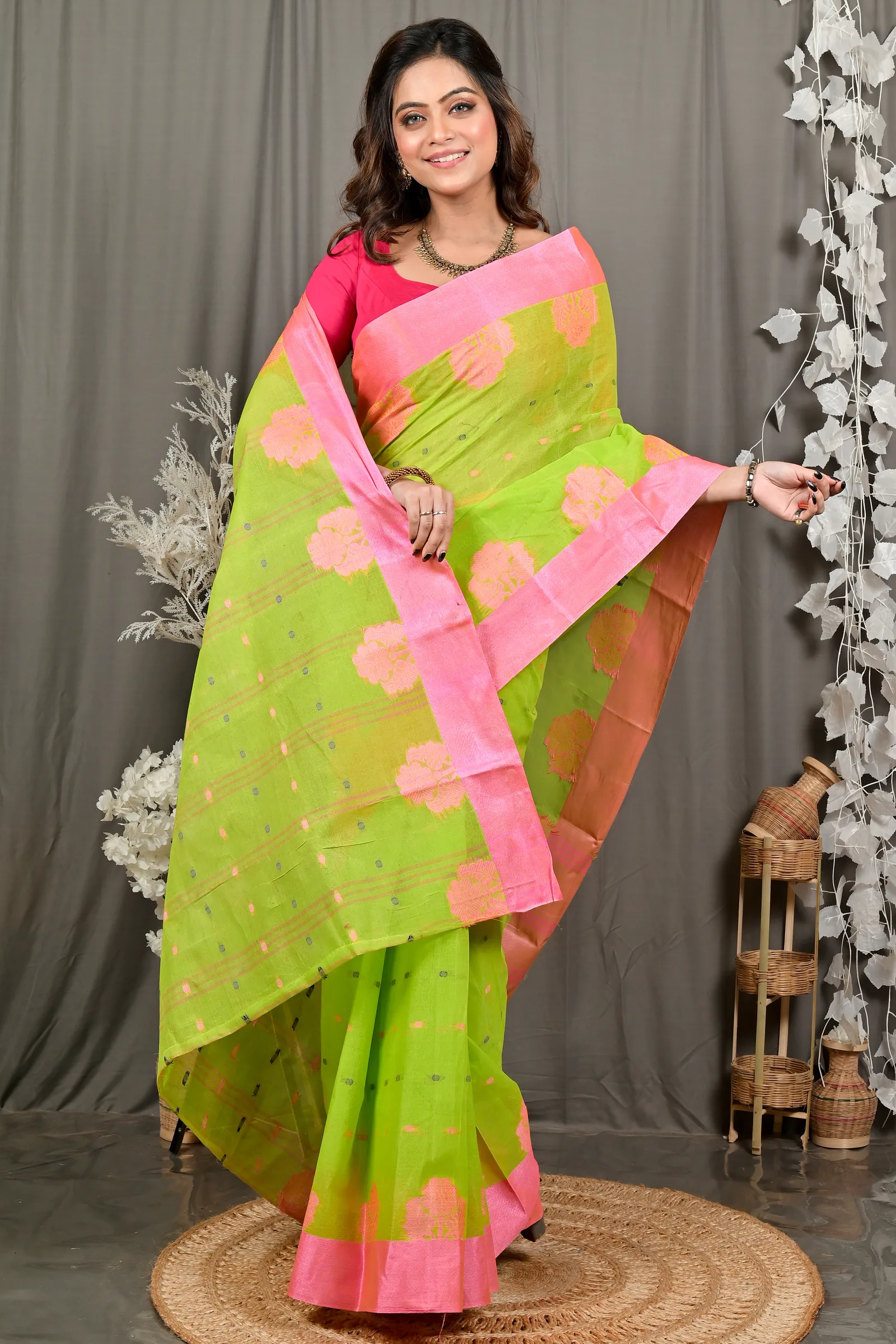 DipDiya Pure Cotton Light Green Pink Fipani Woven by Hand Tant Sarees