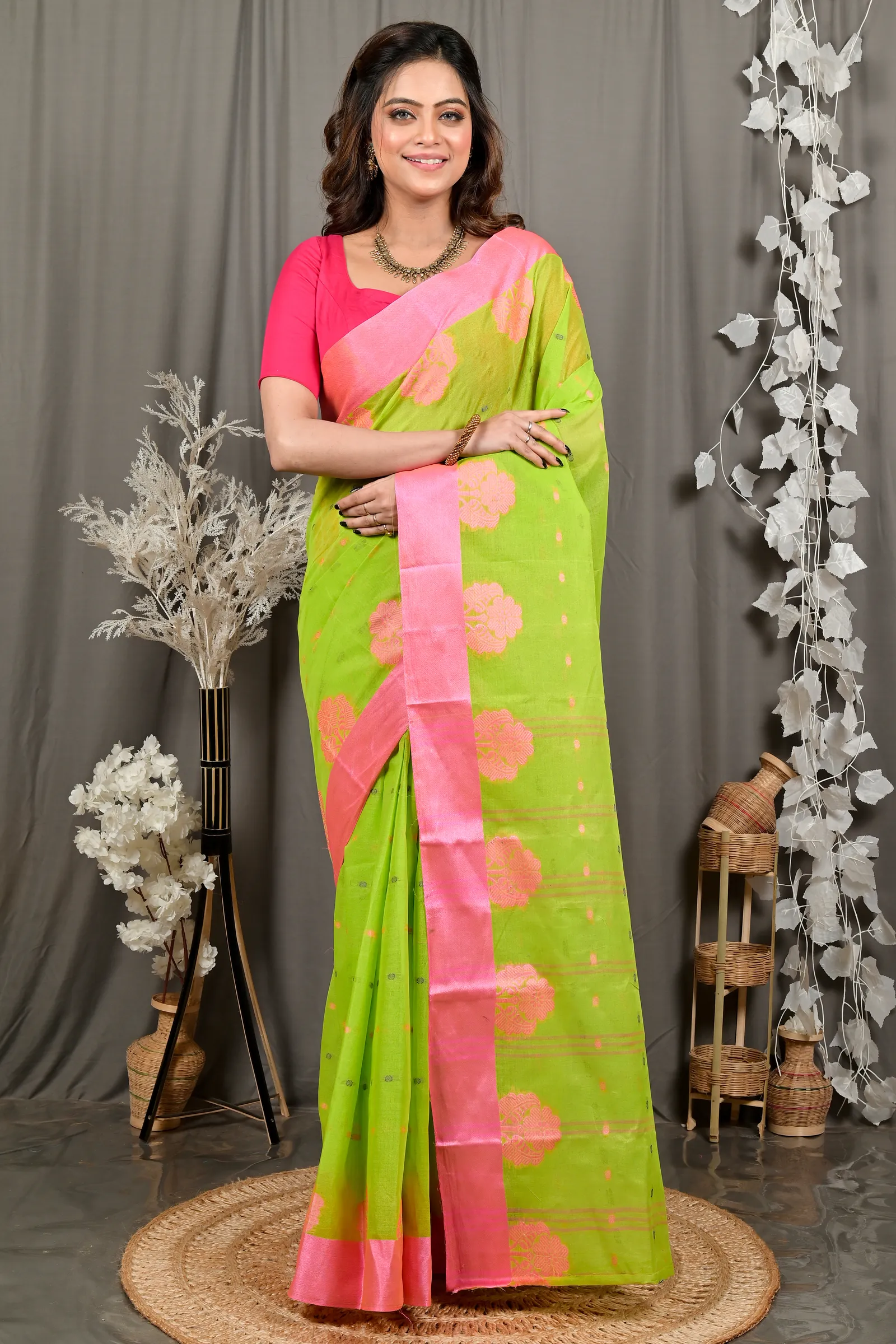 DipDiya Pure Cotton Light Green Pink Fipani Woven by Hand Tant Sarees