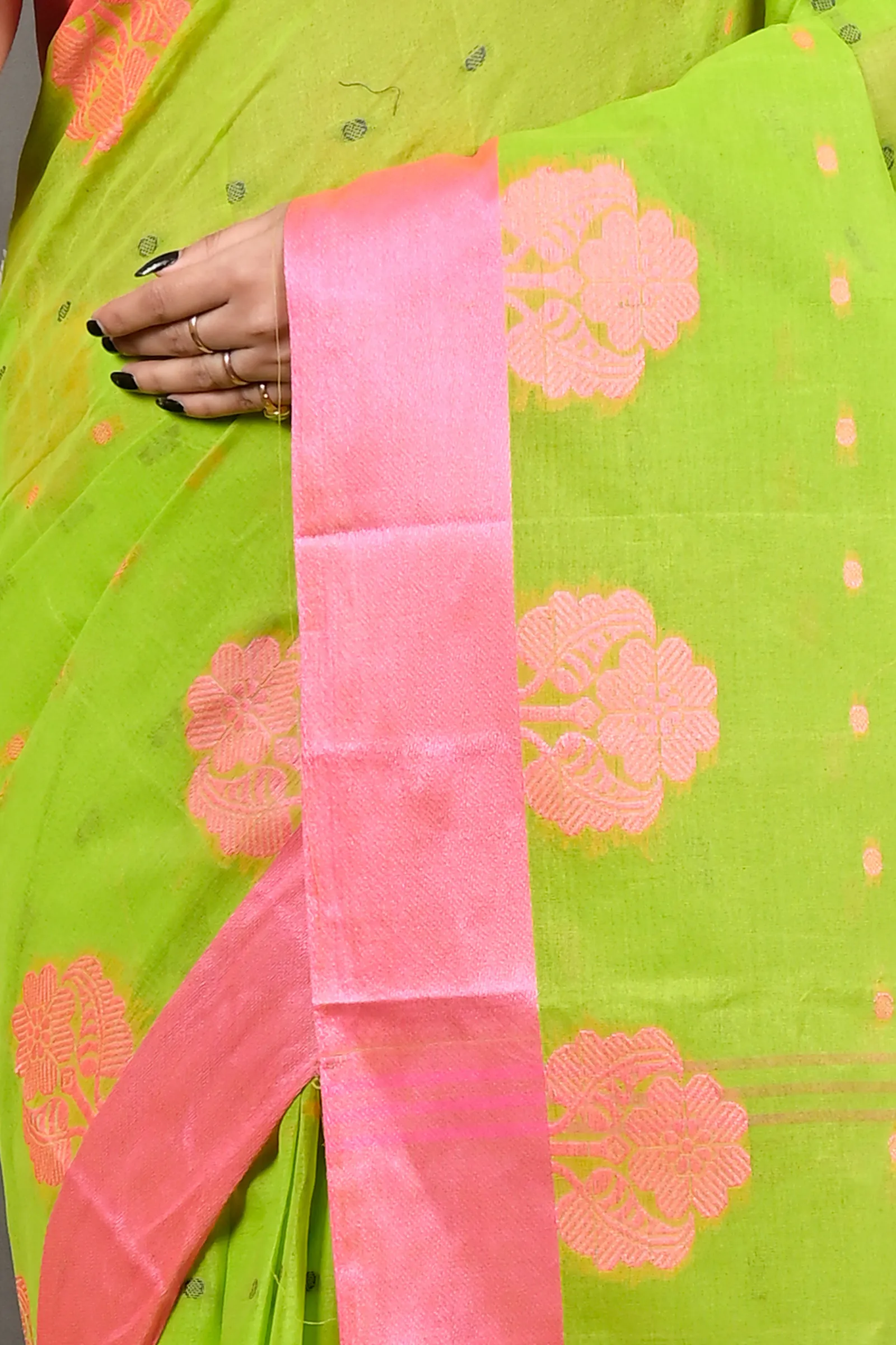 DipDiya Pure Cotton Light Green Pink Fipani Woven by Hand Tant Sarees