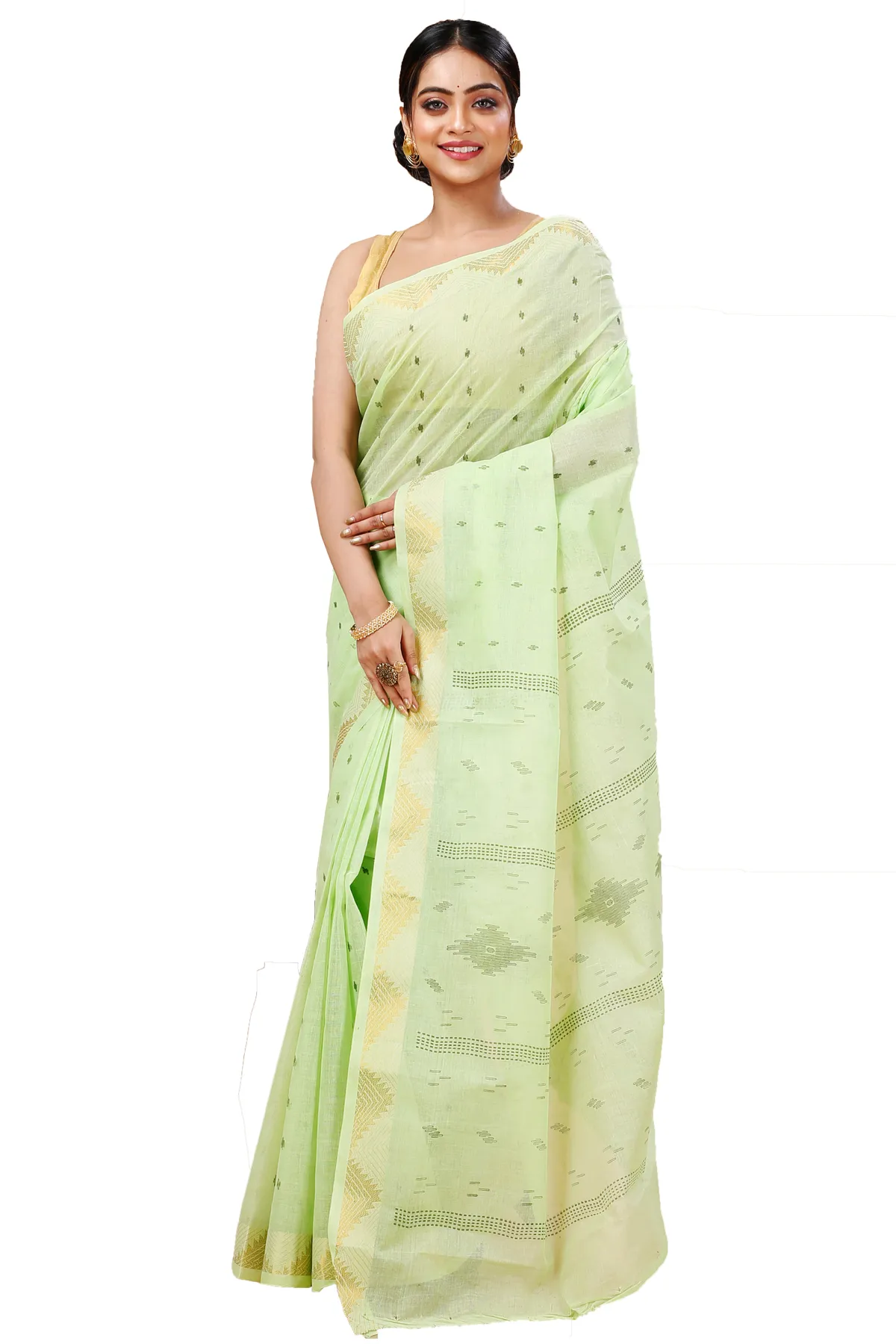 DipDiya Pure Cotton Light Green Porna Tradition in Every Thread Printed Tant Sarees