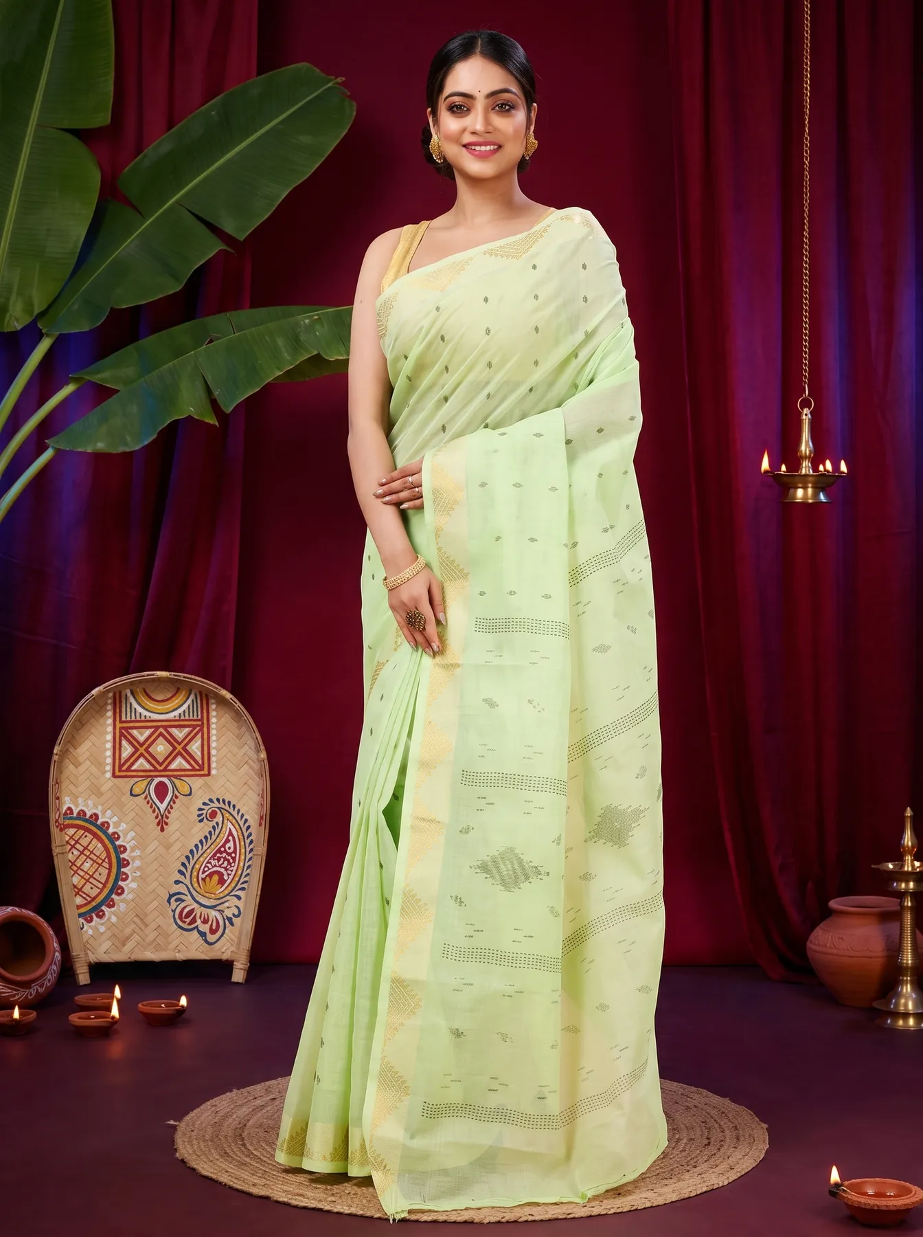 DipDiya Pure Cotton Light Green Porna Tradition in Every Thread Printed Tant Sarees
