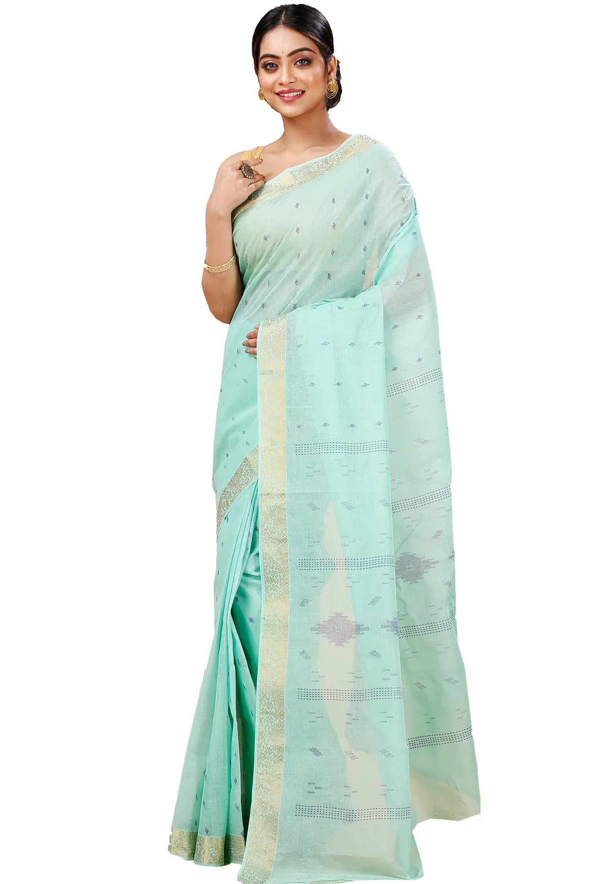 DipDiya Pure Cotton Light Green Porna Weaves with a Story Printed Tant Sarees