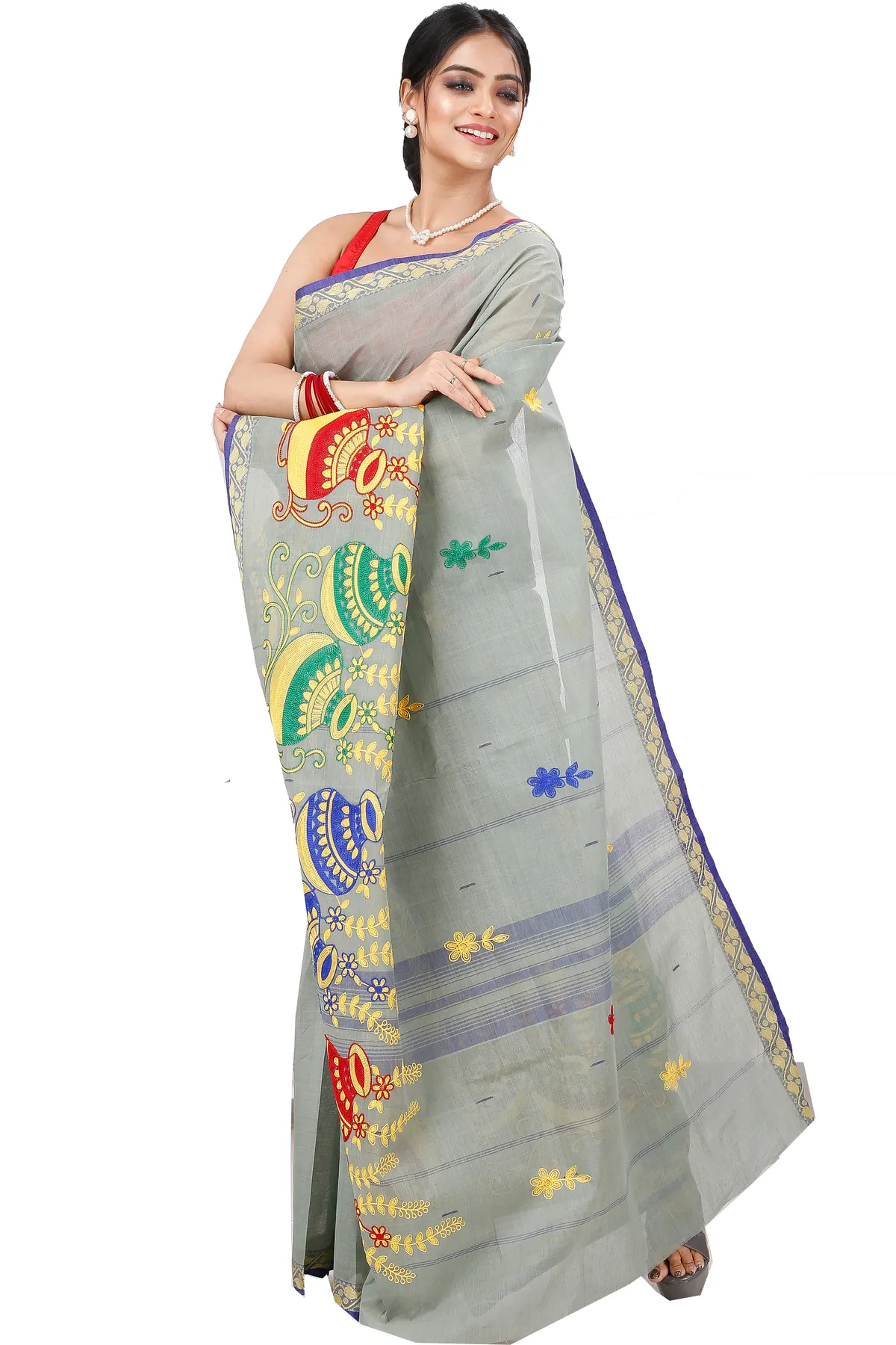 DipDiya Pure Cotton Light Grey Embi Gaela Ghot A Legacy Woven Embroidery Tant Sarees
