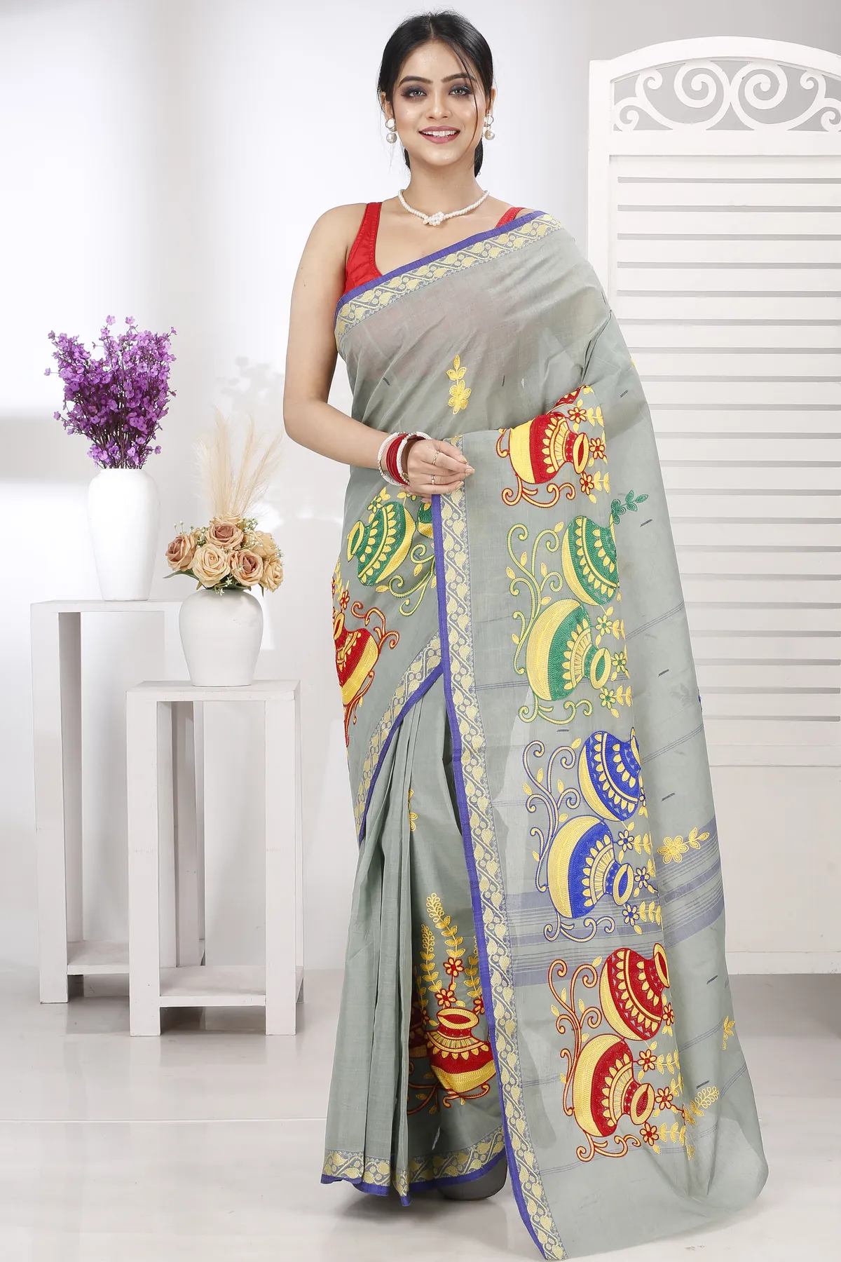 DipDiya Pure Cotton Light Grey Embi Gaela Ghot A Legacy Woven Embroidery Tant Sarees