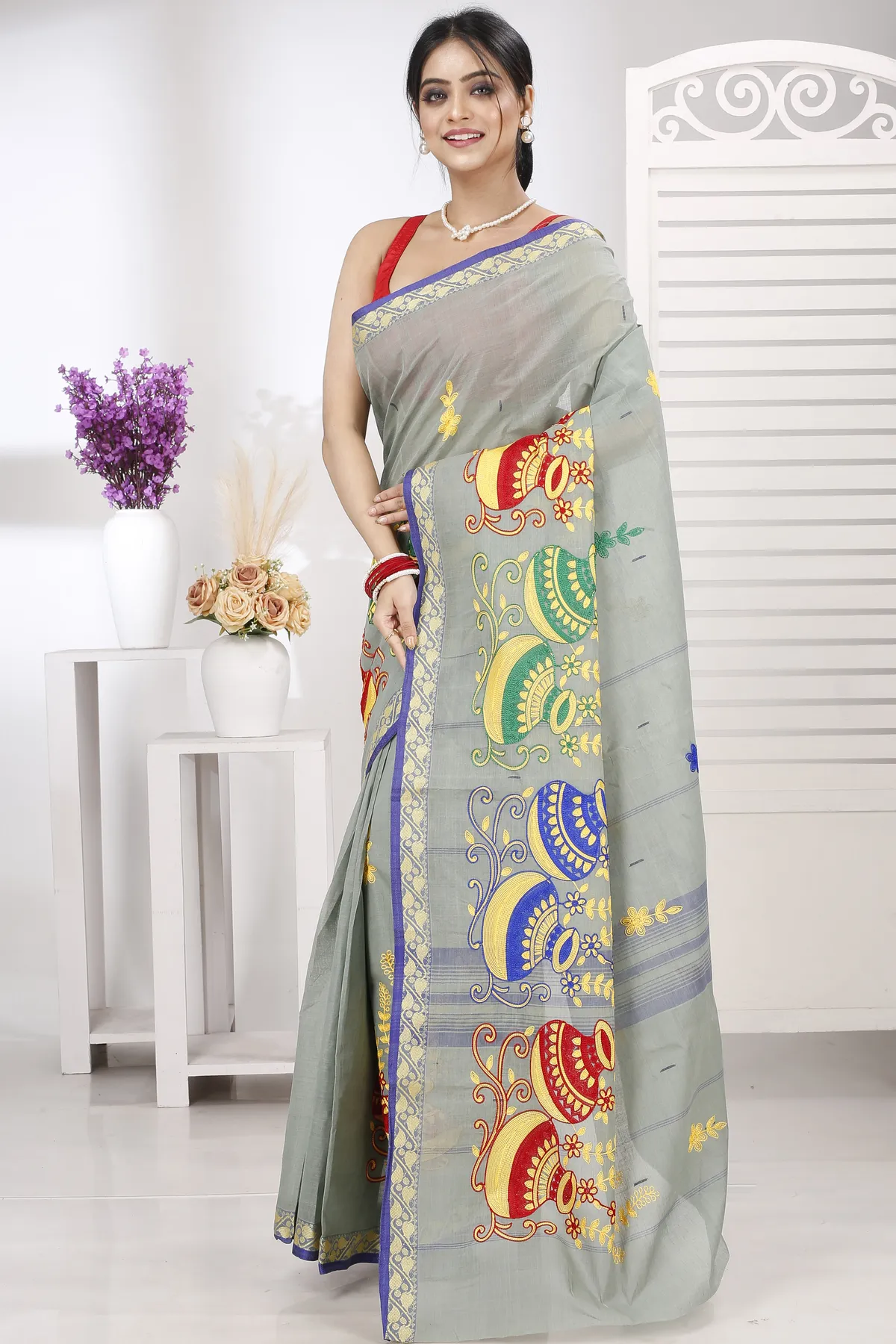 DipDiya Pure Cotton Light Grey Embi Gaela Ghot A Legacy Woven Embroidery Tant Sarees