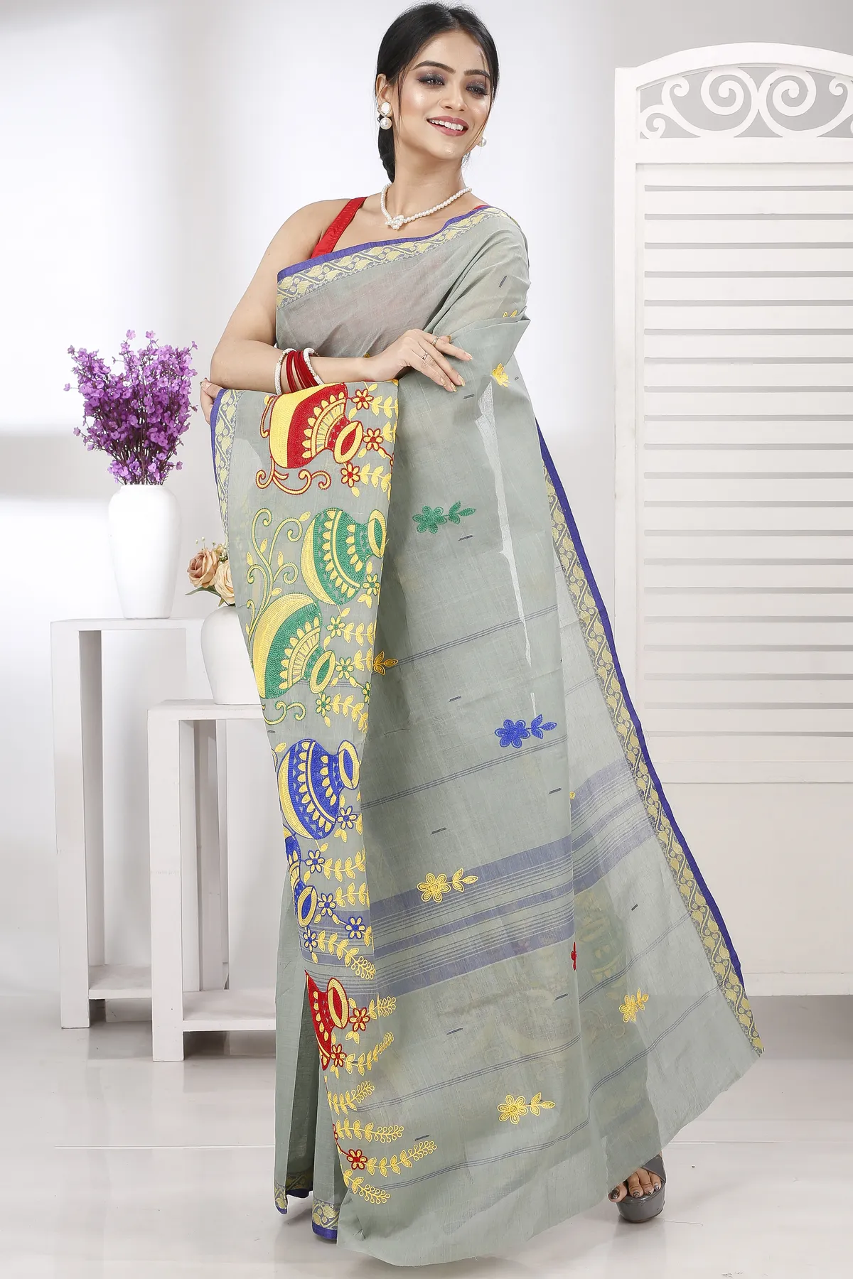 DipDiya Pure Cotton Light Grey Embi Gaela Ghot A Legacy Woven Embroidery Tant Sarees