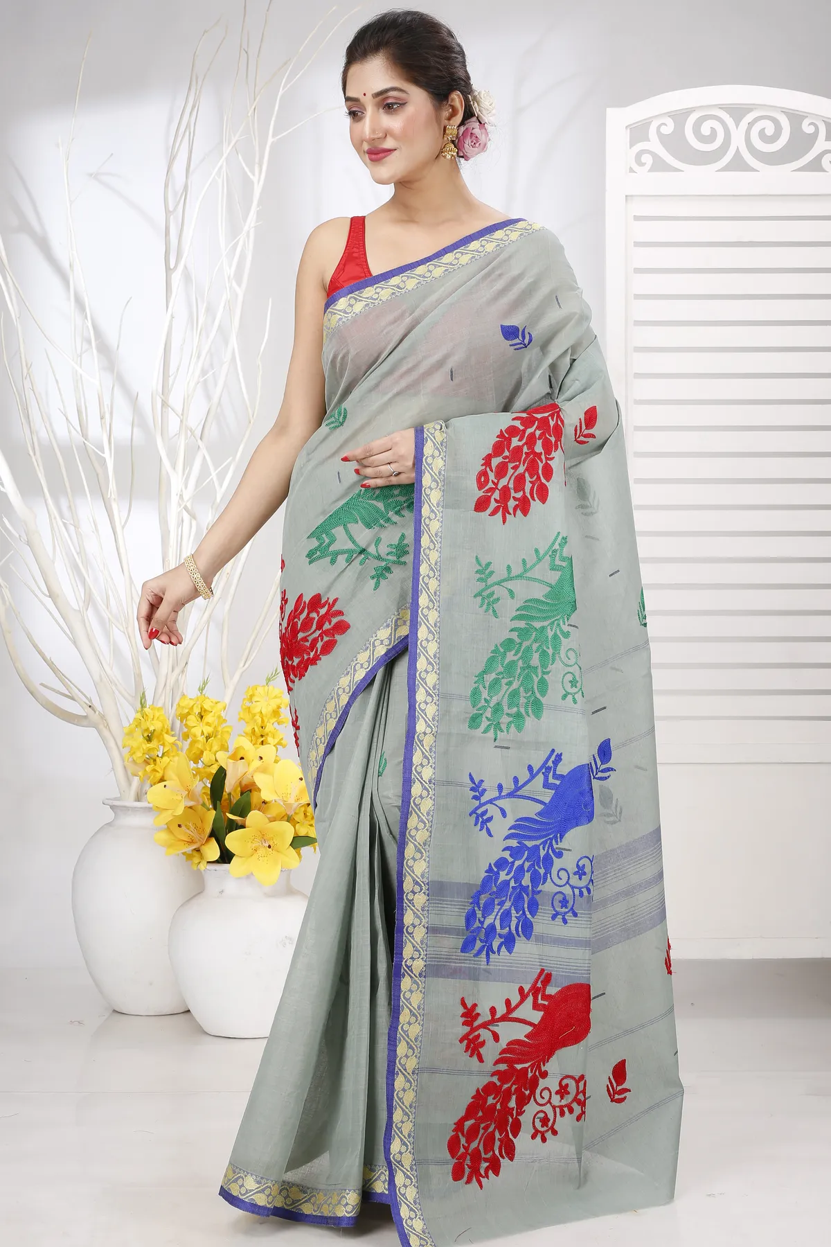 DipDiya Pure Cotton Light Grey Embi Gaela Moyur Bengal in Every Thread Embroidery Tant Sarees