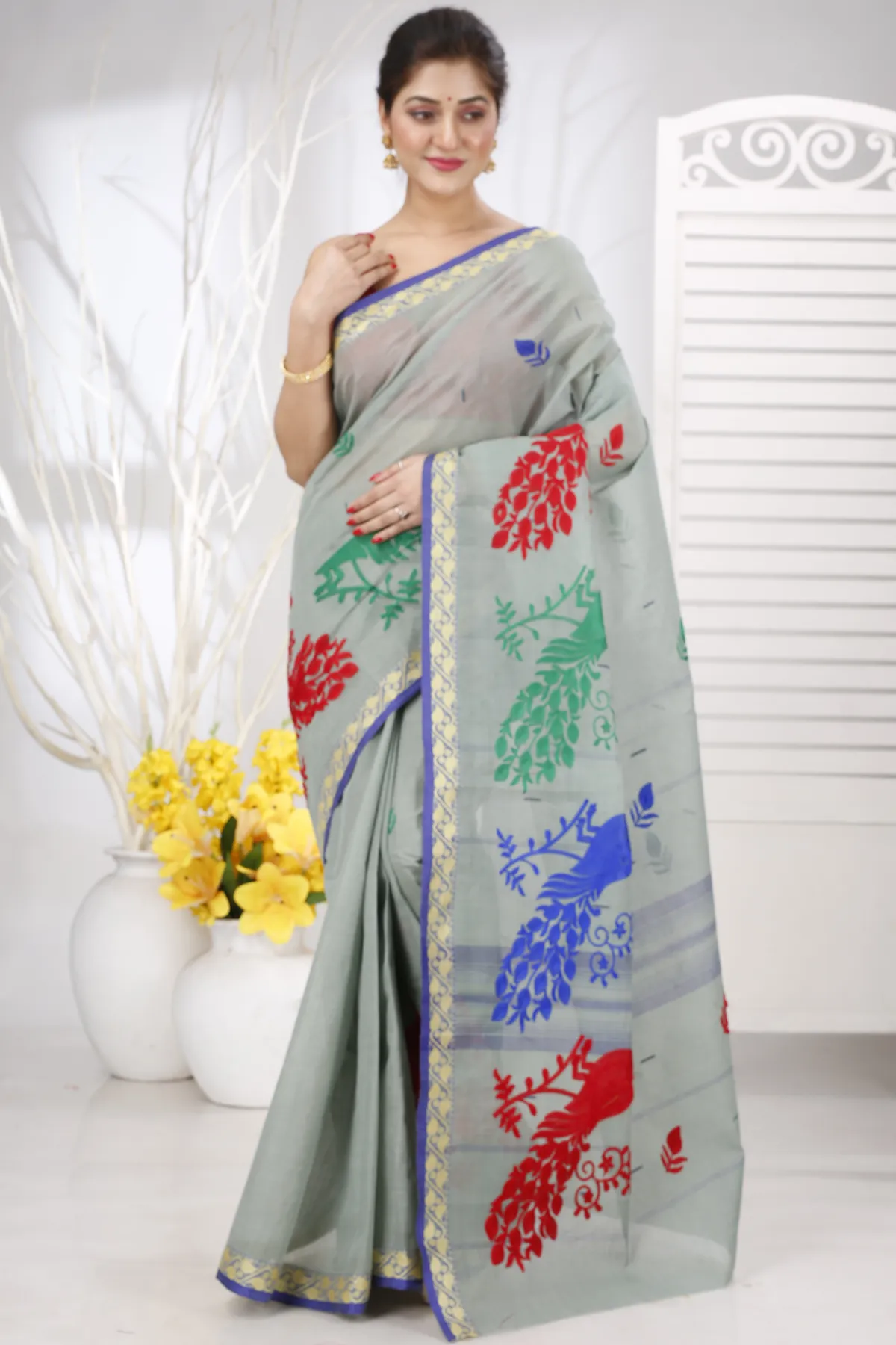 DipDiya Pure Cotton Light Grey Embi Gaela Moyur Bengal in Every Thread Embroidery Tant Sarees