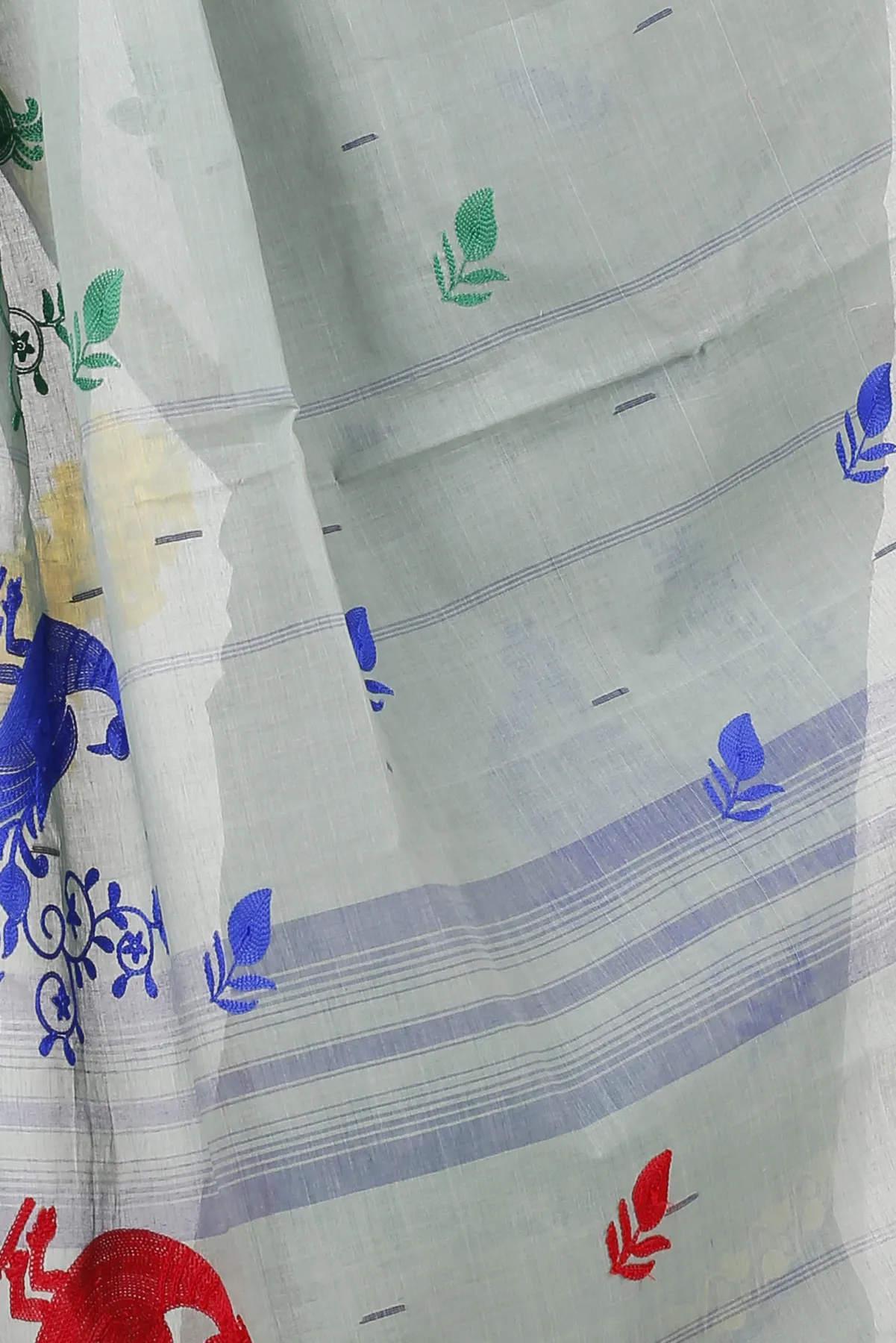 DipDiya Pure Cotton Light Grey Embi Gaela Moyur Bengal in Every Thread Embroidery Tant Sarees