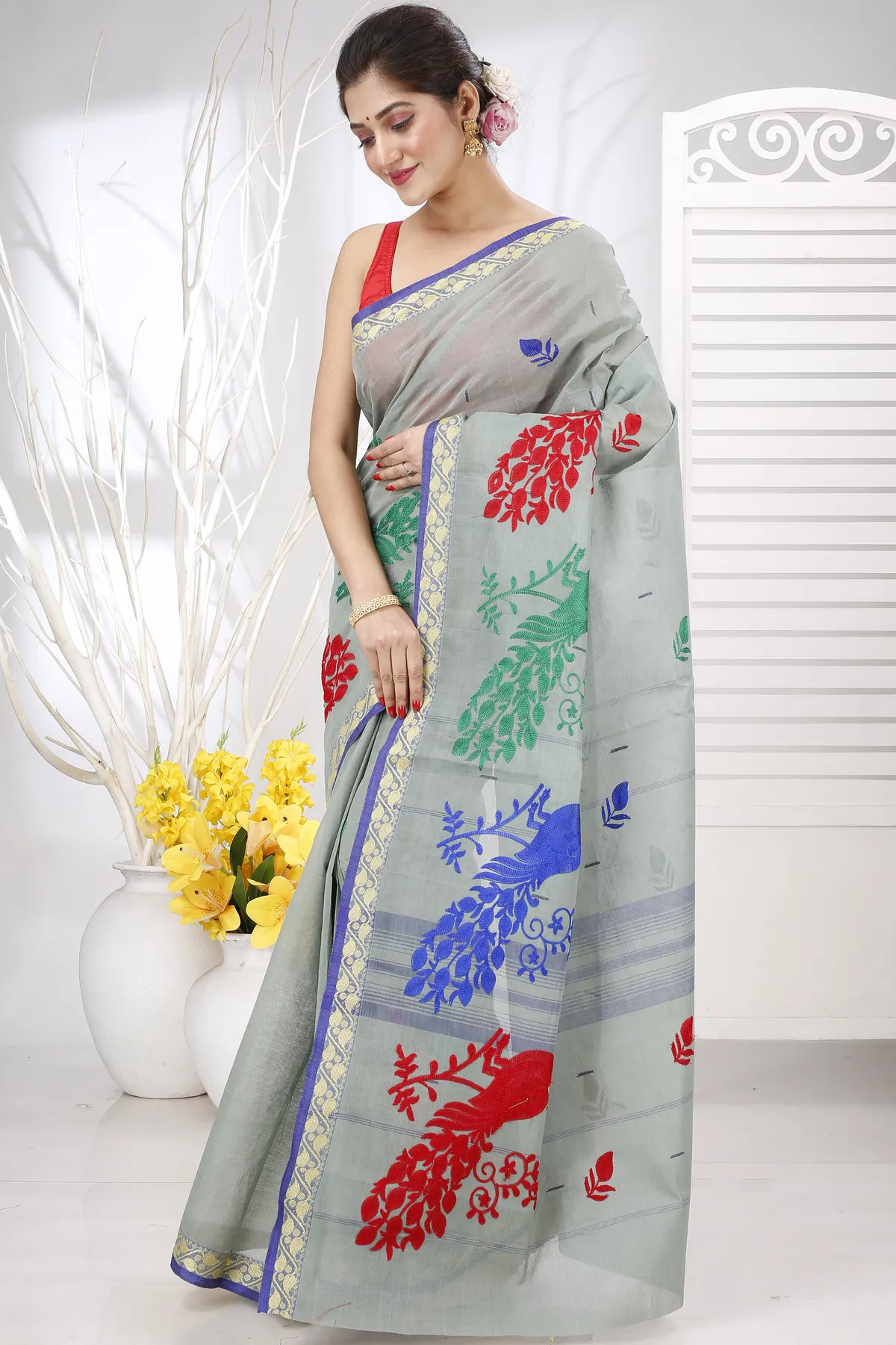 DipDiya Pure Cotton Light Grey Embi Gaela Moyur Bengal in Every Thread Embroidery Tant Sarees