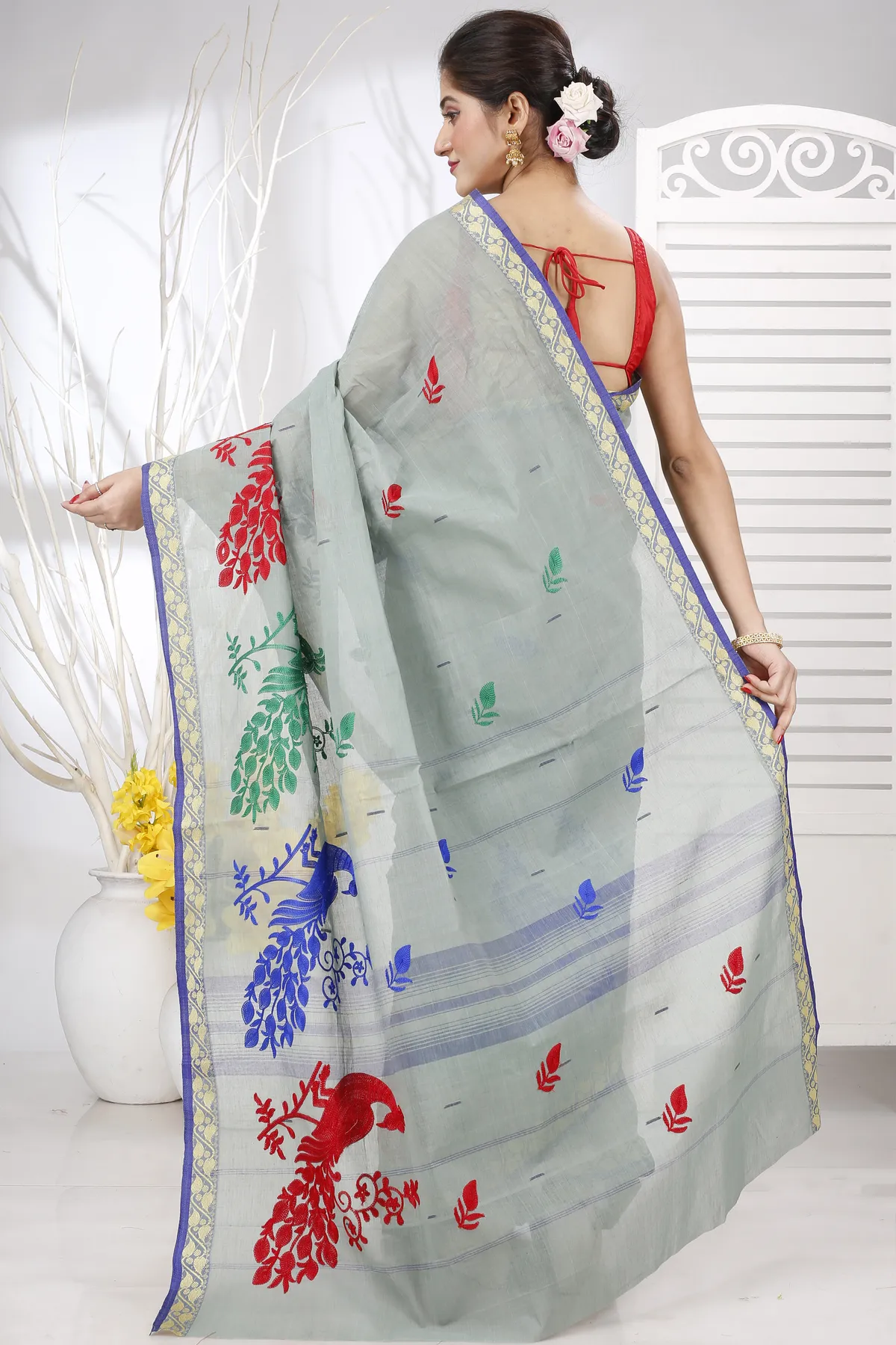 DipDiya Pure Cotton Light Grey Embi Gaela Moyur Bengal in Every Thread Embroidery Tant Sarees