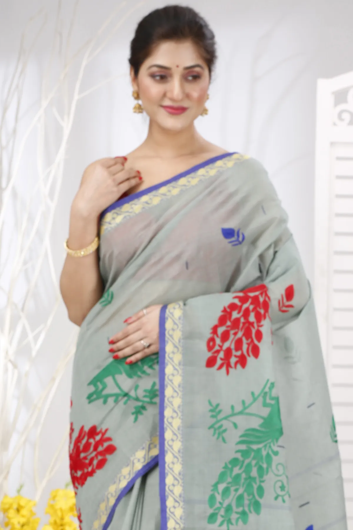 DipDiya Pure Cotton Light Grey Embi Gaela Moyur Bengal in Every Thread Embroidery Tant Sarees