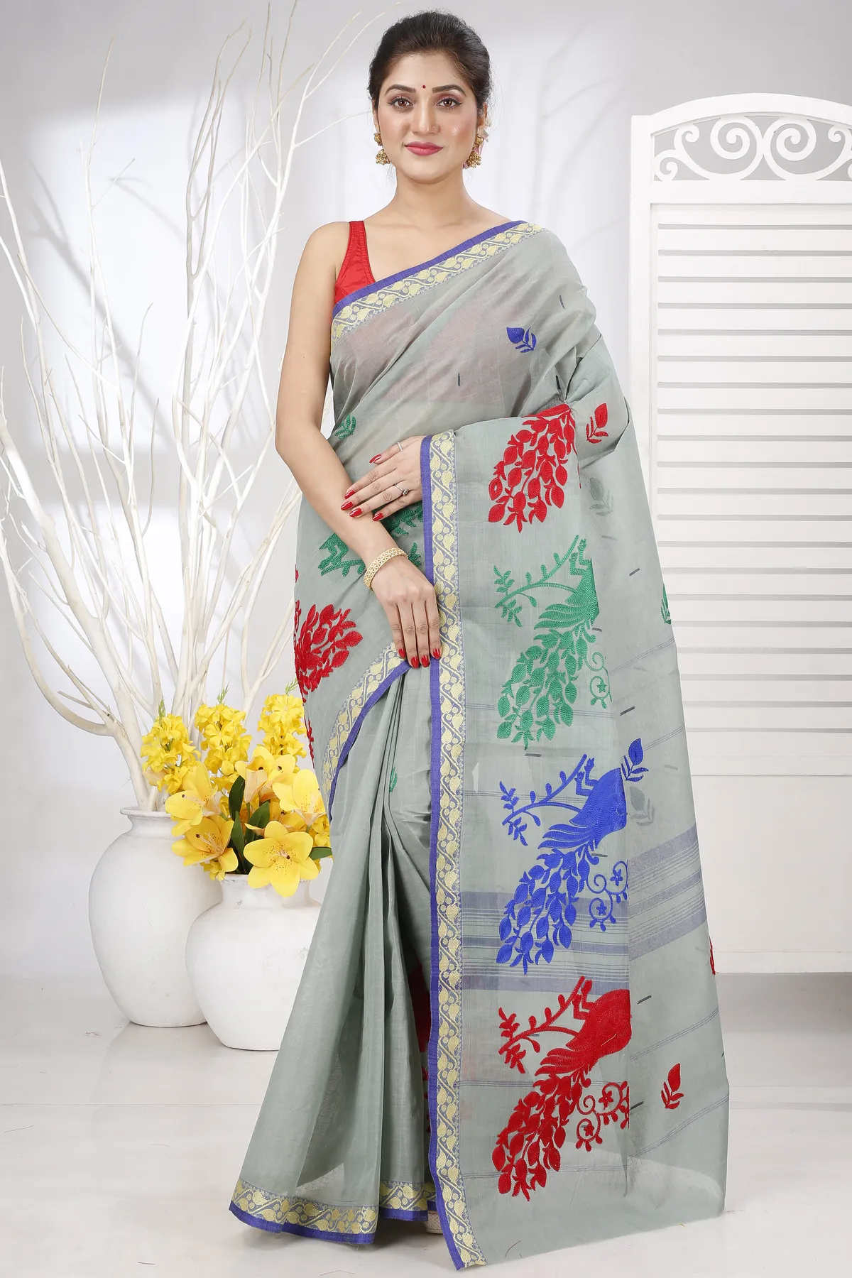 DipDiya Pure Cotton Light Grey Embi Gaela Moyur Bengal in Every Thread Embroidery Tant Sarees