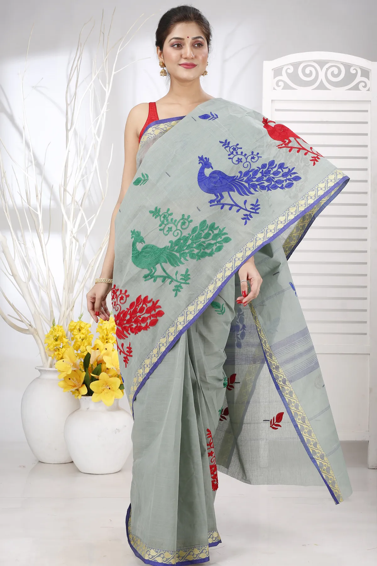 DipDiya Pure Cotton Light Grey Embi Gaela Moyur Bengal in Every Thread Embroidery Tant Sarees