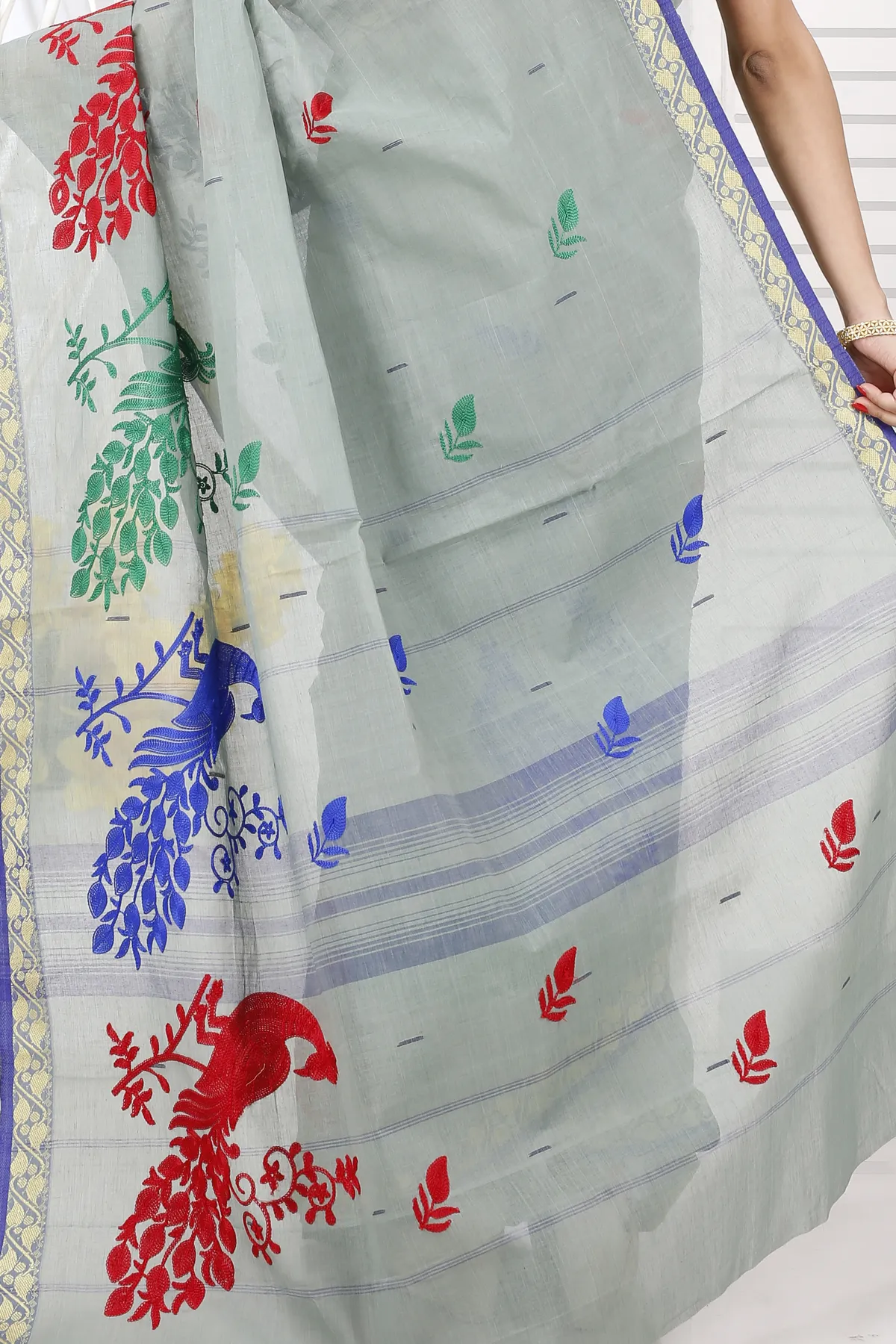 DipDiya Pure Cotton Light Grey Embi Gaela Moyur Bengal in Every Thread Embroidery Tant Sarees
