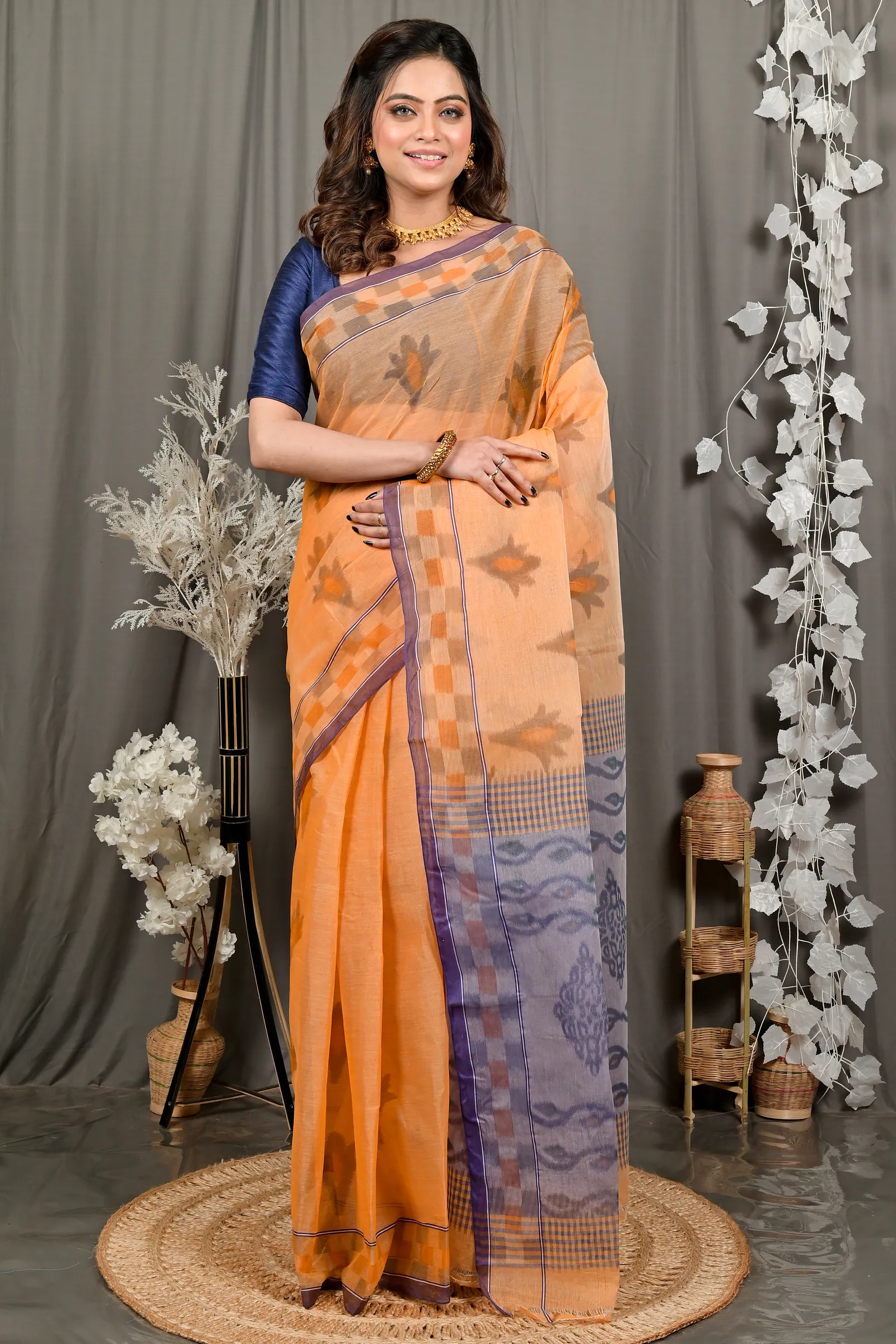 DipDiya Pure Cotton Light Orange Devai Pure Bengali Grace Printed Tant Sarees