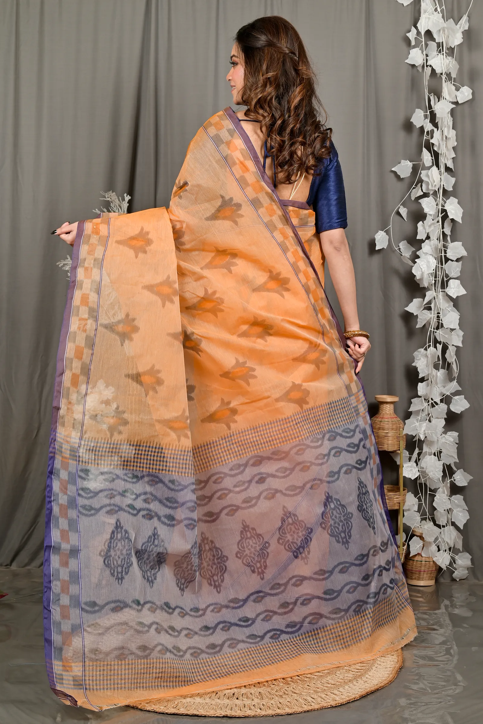 DipDiya Pure Cotton Light Orange Devai Pure Bengali Grace Printed Tant Sarees