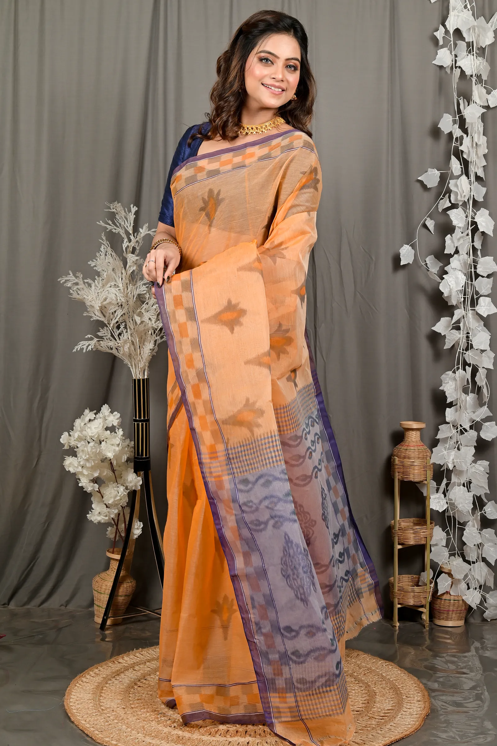 DipDiya Pure Cotton Light Orange Devai Pure Bengali Grace Printed Tant Sarees