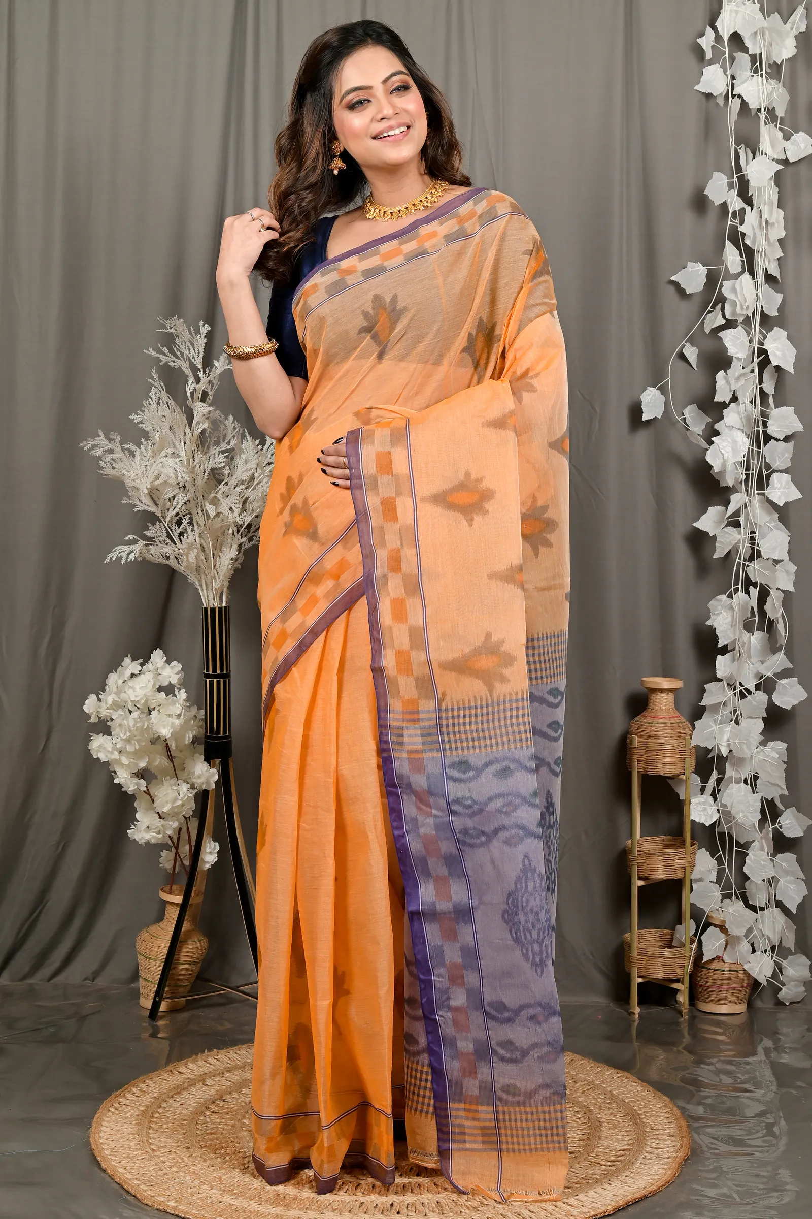 DipDiya Pure Cotton Light Orange Devai Pure Bengali Grace Printed Tant Sarees