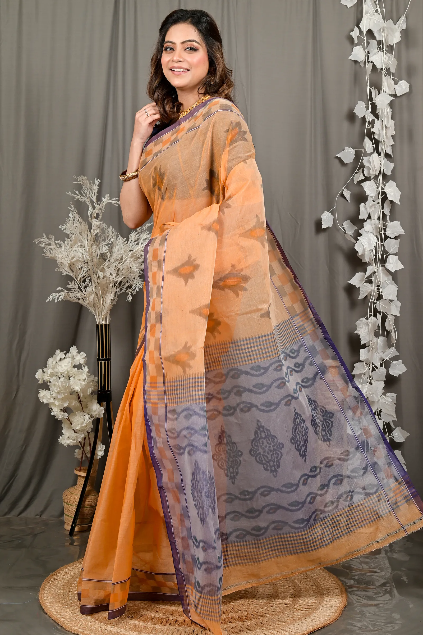 DipDiya Pure Cotton Light Orange Devai Pure Bengali Grace Printed Tant Sarees