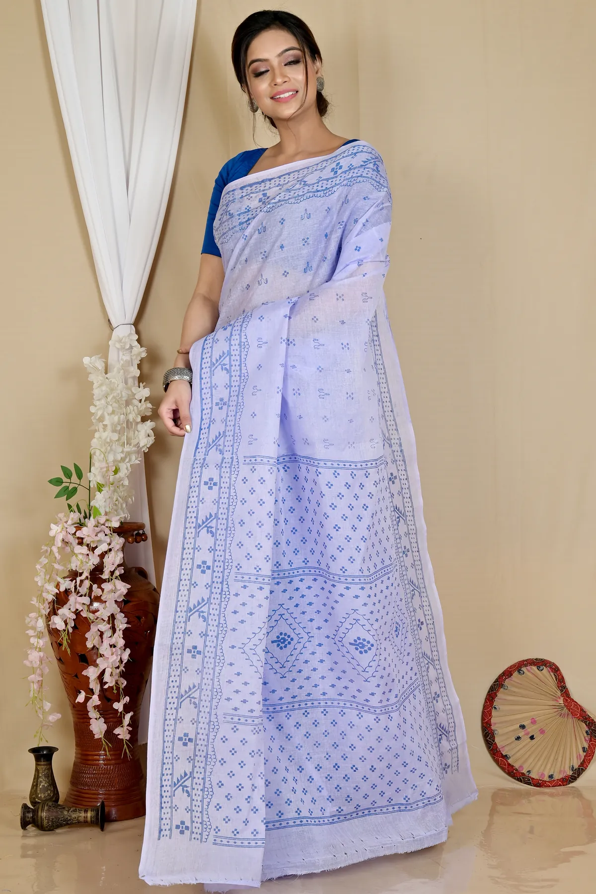 DipDiya Pure Cotton Light Purple Liko Bengal’s Tradition Printed Tant Sarees
