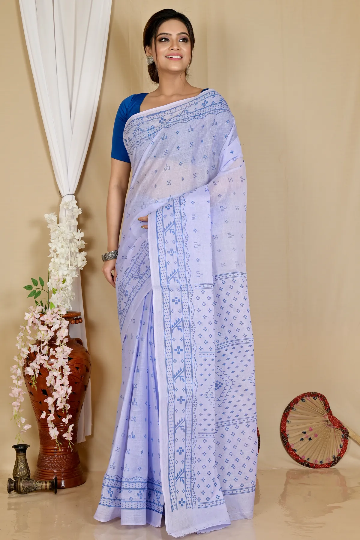 DipDiya Pure Cotton Light Purple Liko Bengal’s Tradition Printed Tant Sarees