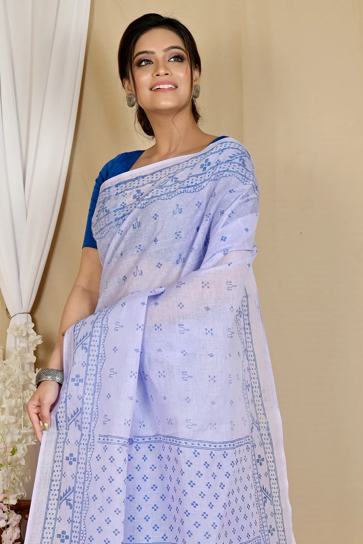 DipDiya Pure Cotton Light Purple Liko Bengal’s Tradition Printed Tant Sarees