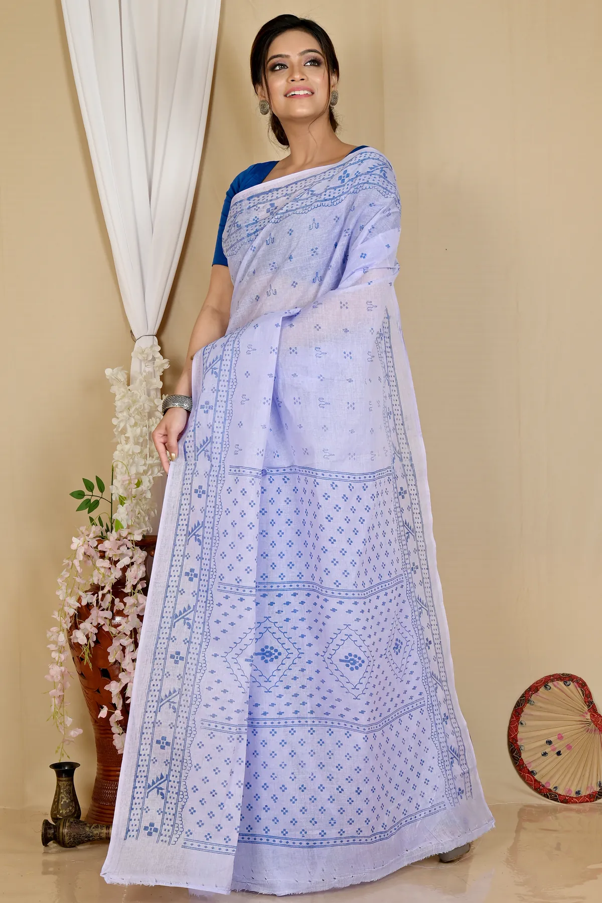 DipDiya Pure Cotton Light Purple Liko Bengal’s Tradition Printed Tant Sarees