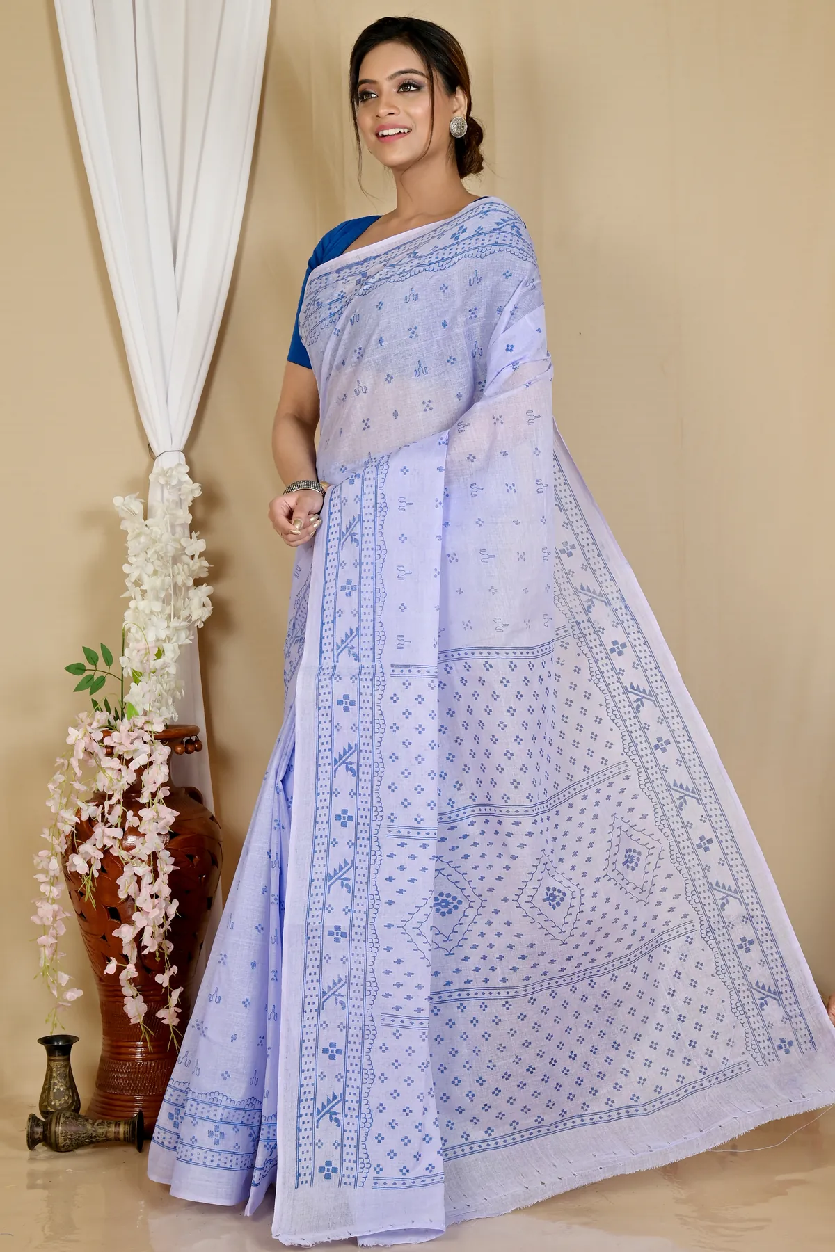DipDiya Pure Cotton Light Purple Liko Bengal’s Tradition Printed Tant Sarees