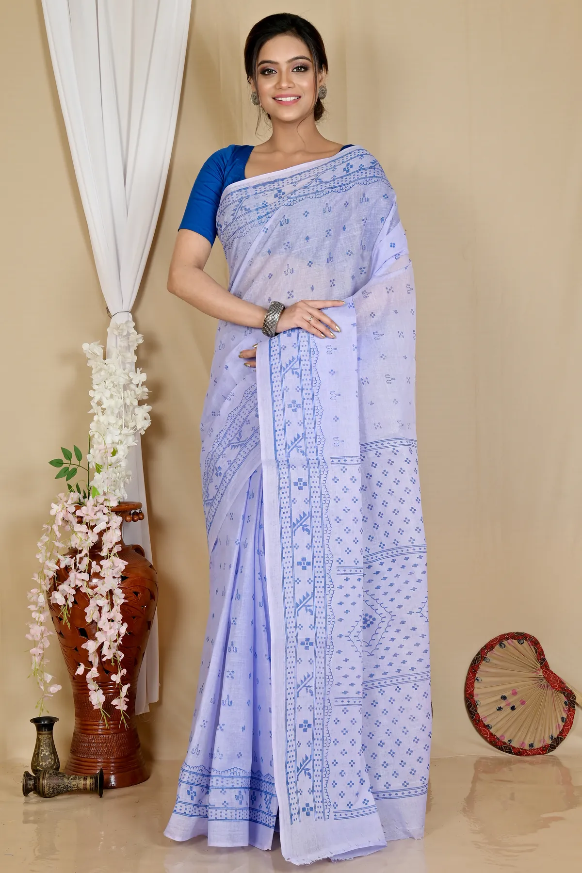 DipDiya Pure Cotton Light Purple Liko Bengal’s Tradition Printed Tant Sarees