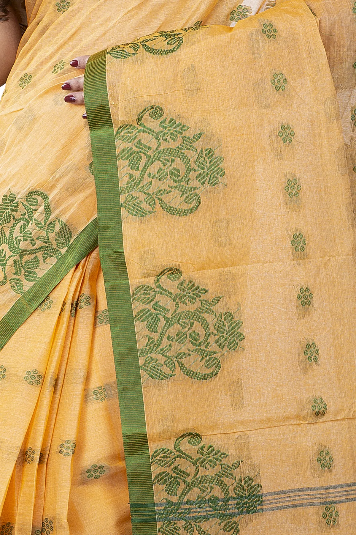 DipDiya Pure Cotton Light Yellow Botgach Handcrafted Elegance Tant Sarees
