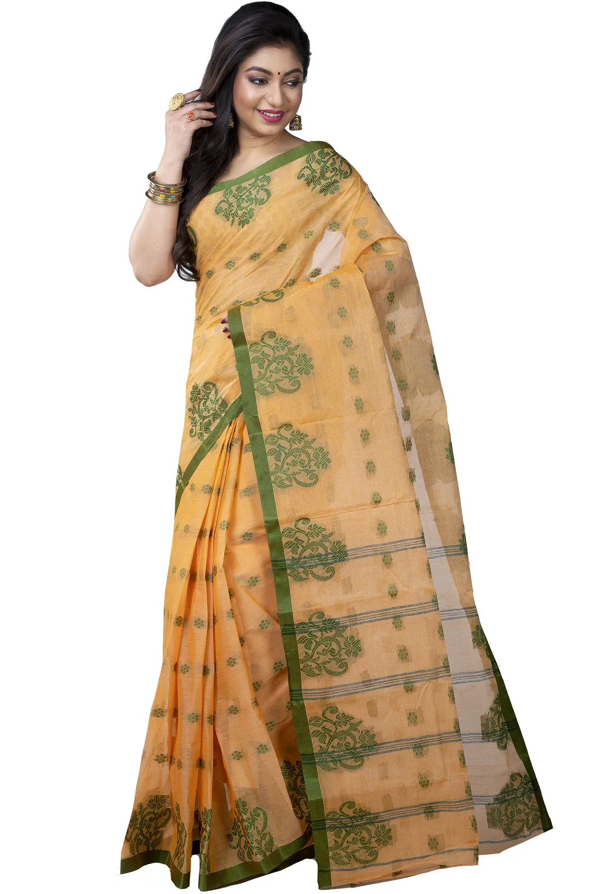 DipDiya Pure Cotton Light Yellow Botgach Handcrafted Elegance Tant Sarees