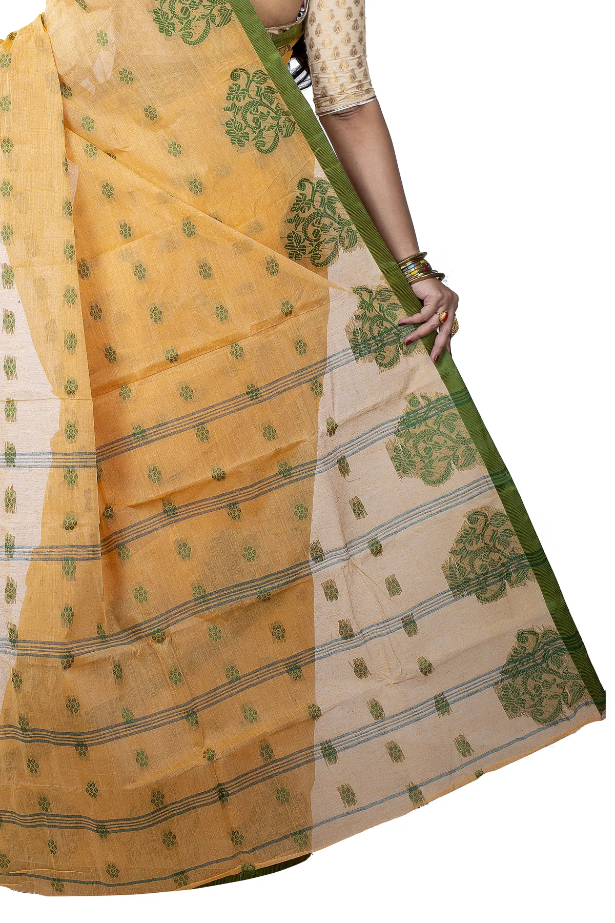 DipDiya Pure Cotton Light Yellow Botgach Handcrafted Elegance Tant Sarees
