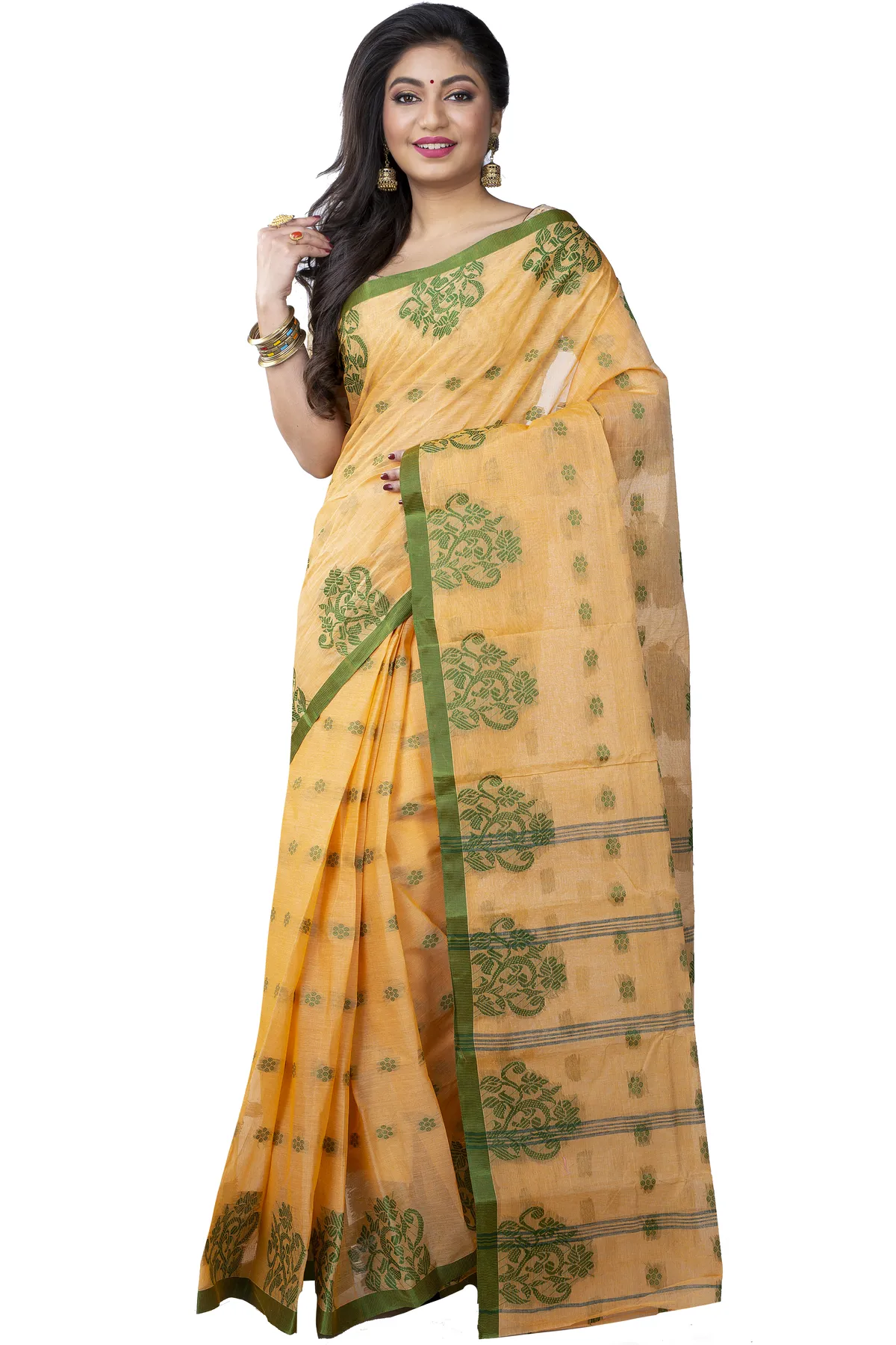 DipDiya Pure Cotton Light Yellow Botgach Handcrafted Elegance Tant Sarees