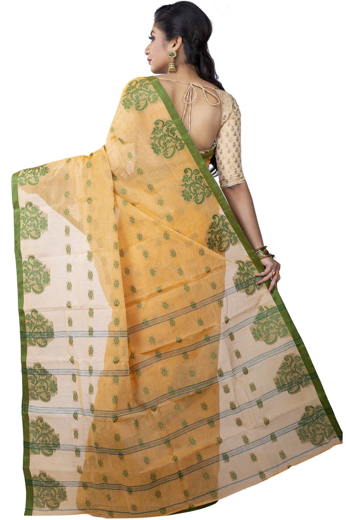DipDiya Pure Cotton Light Yellow Botgach Handcrafted Elegance Tant Sarees