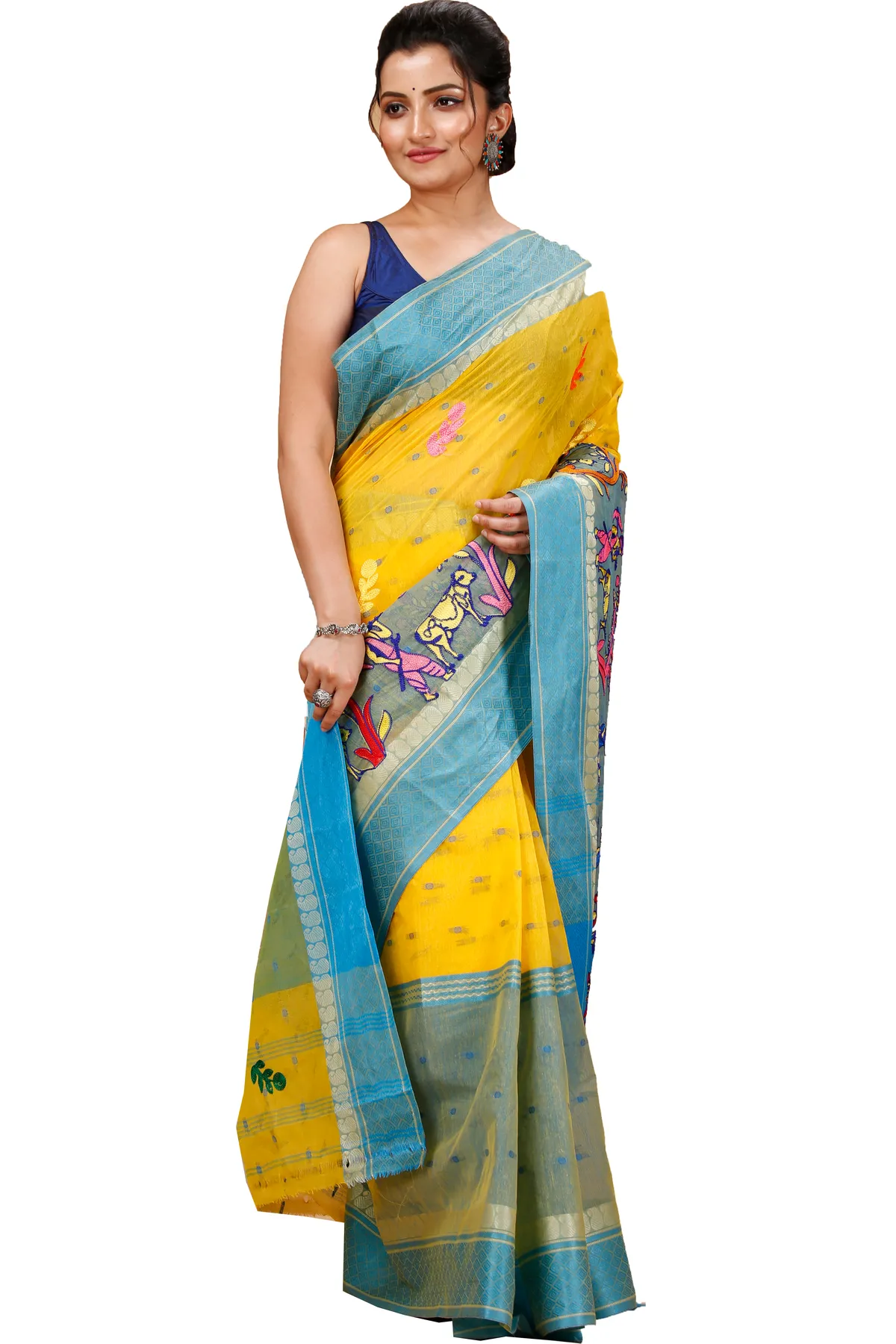 DipDiya Pure Cotton Light Yellow Embi Ganga Agri Stories of Bengal Embroidery Tant Sarees