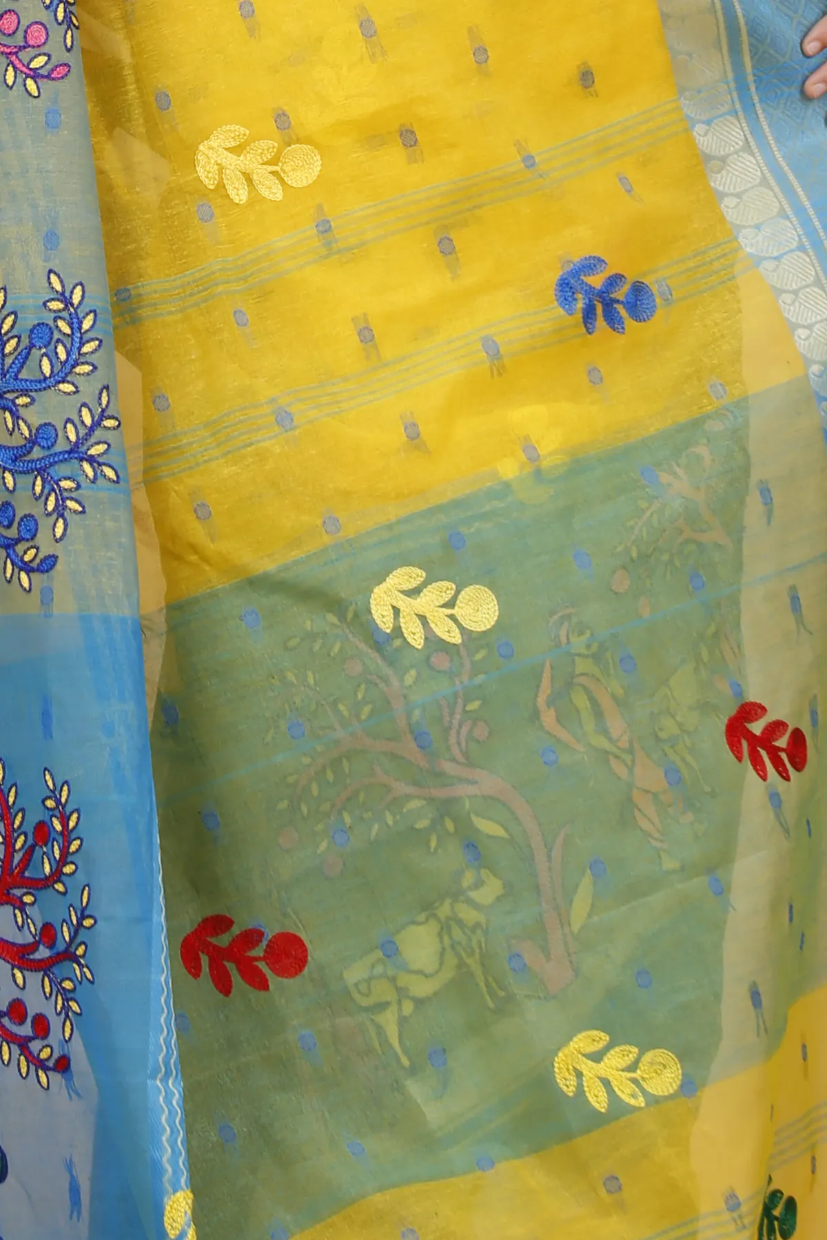 DipDiya Pure Cotton Light Yellow Embi Ganga Agri Stories of Bengal Embroidery Tant Sarees