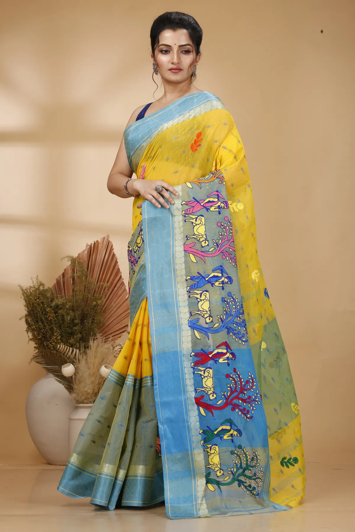 DipDiya Pure Cotton Light Yellow Embi Ganga Agri Stories of Bengal Embroidery Tant Sarees