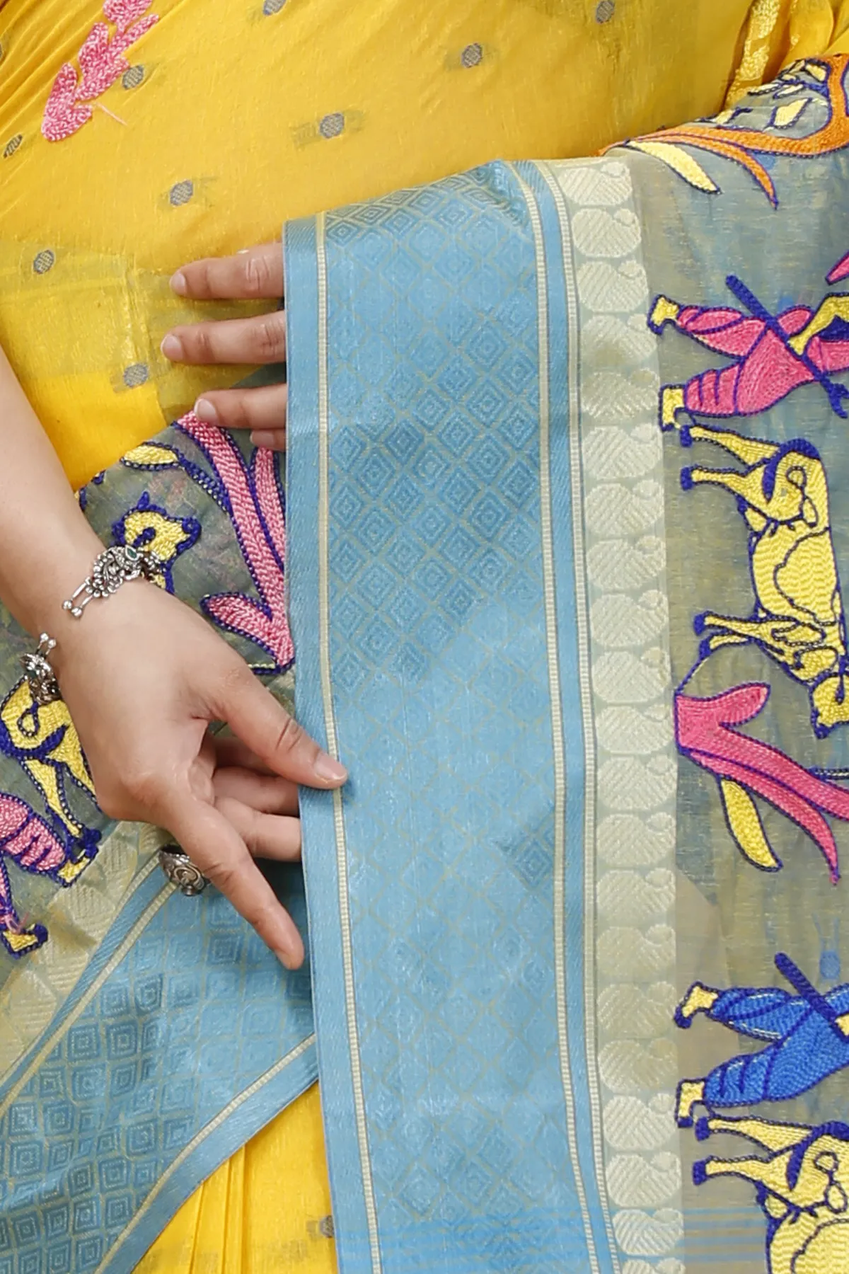 DipDiya Pure Cotton Light Yellow Embi Ganga Agri Stories of Bengal Embroidery Tant Sarees