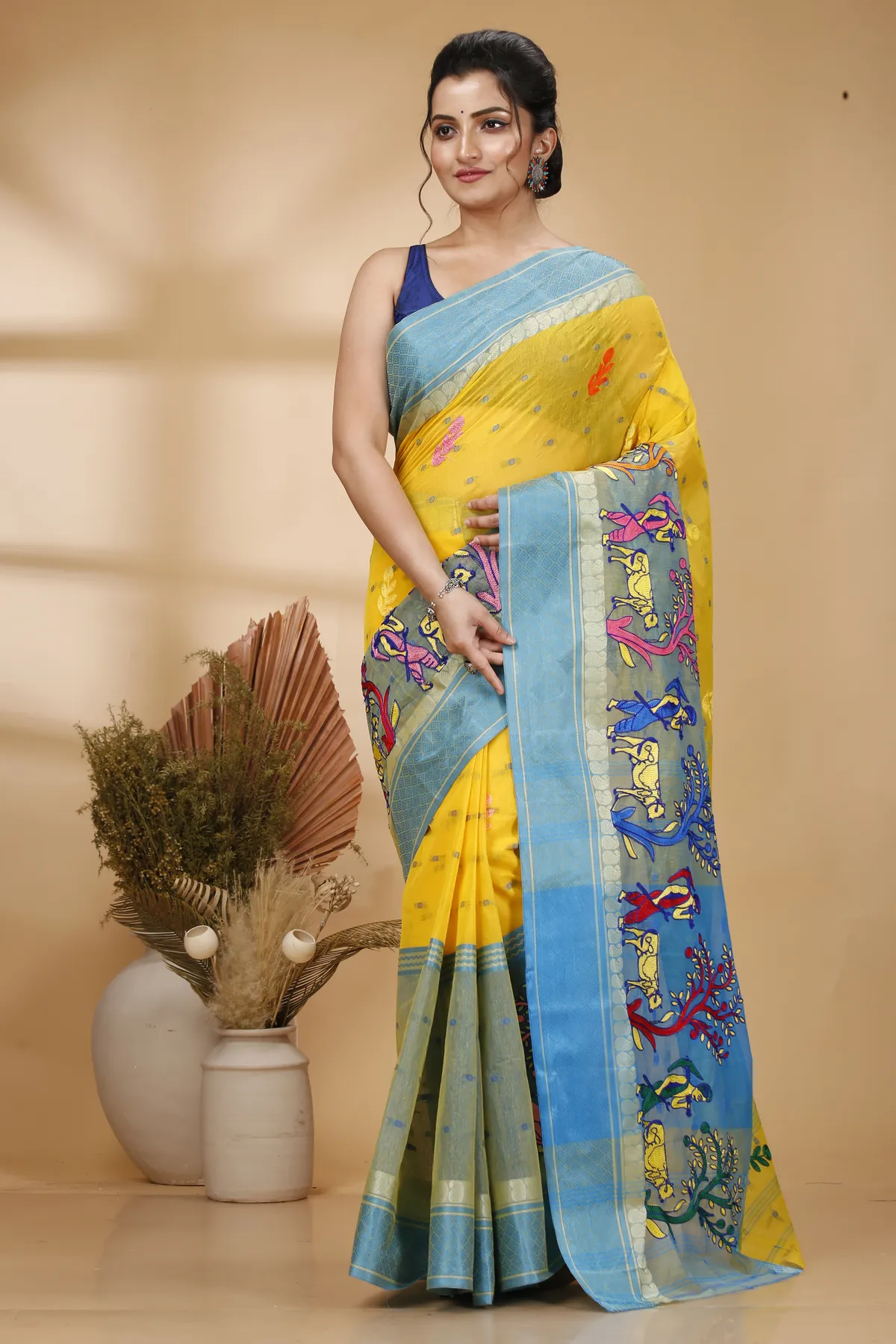 DipDiya Pure Cotton Light Yellow Embi Ganga Agri Stories of Bengal Embroidery Tant Sarees