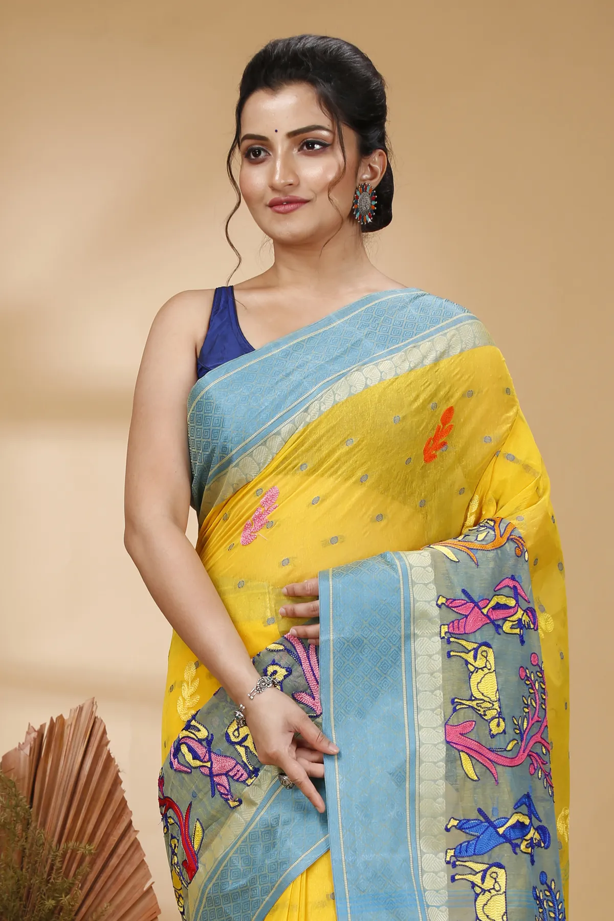 DipDiya Pure Cotton Light Yellow Embi Ganga Agri Stories of Bengal Embroidery Tant Sarees