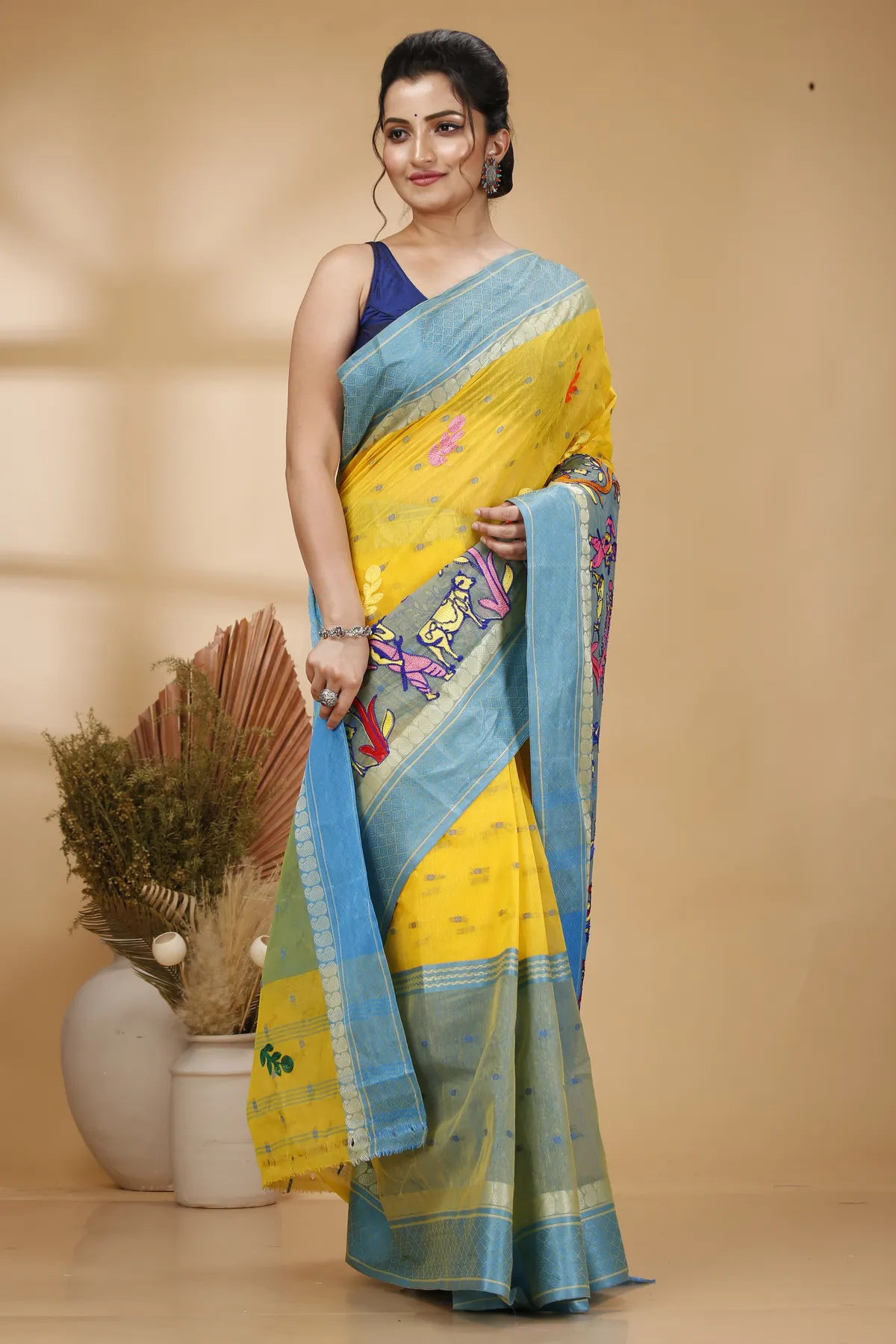 DipDiya Pure Cotton Light Yellow Embi Ganga Agri Stories of Bengal Embroidery Tant Sarees
