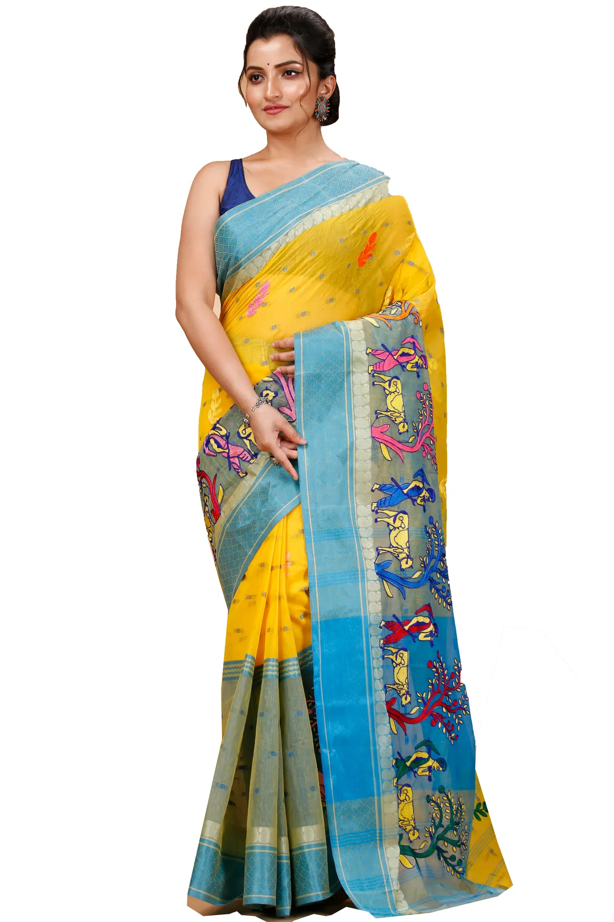 DipDiya Pure Cotton Light Yellow Embi Ganga Agri Stories of Bengal Embroidery Tant Sarees