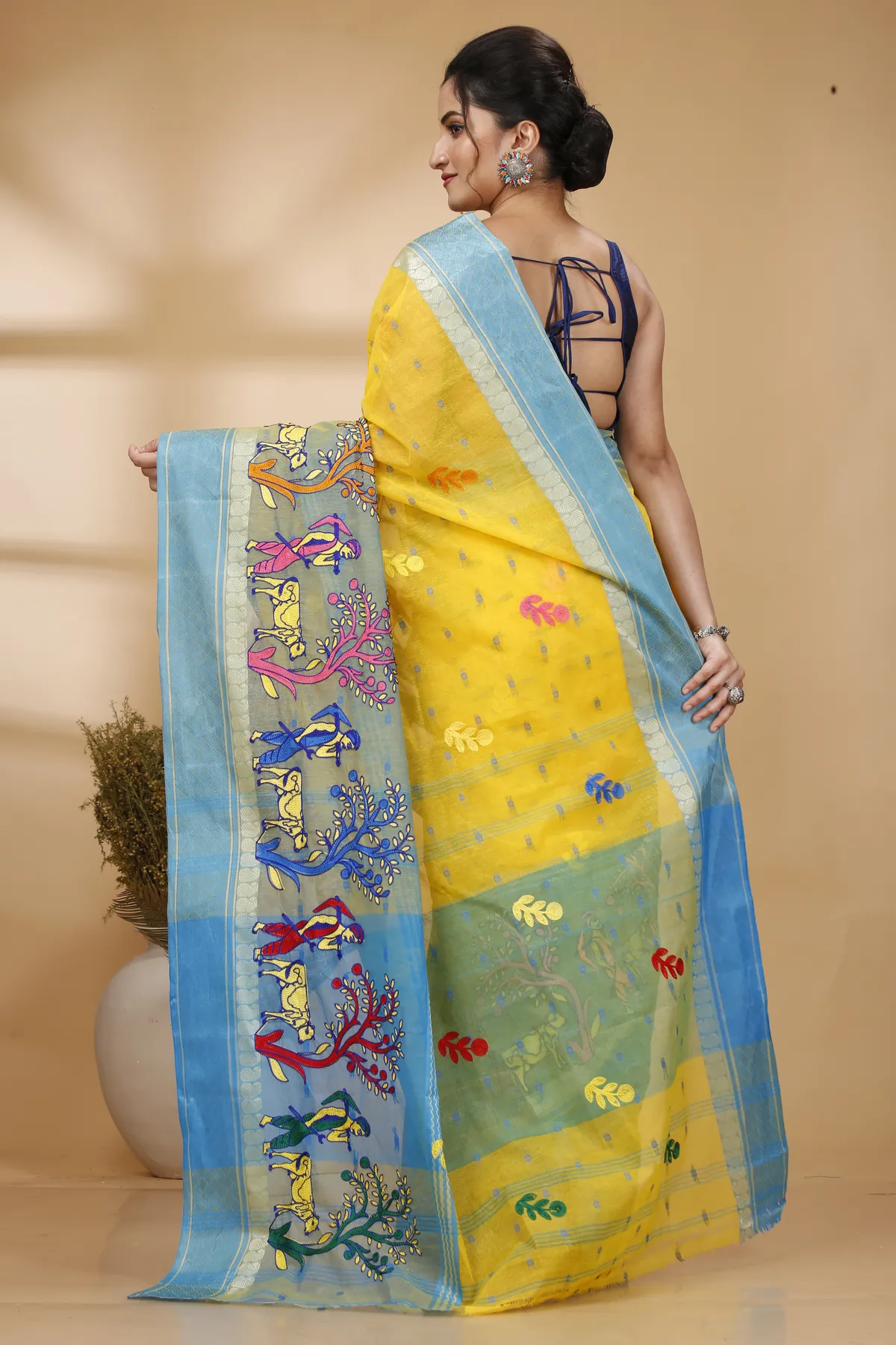 DipDiya Pure Cotton Light Yellow Embi Ganga Agri Stories of Bengal Embroidery Tant Sarees