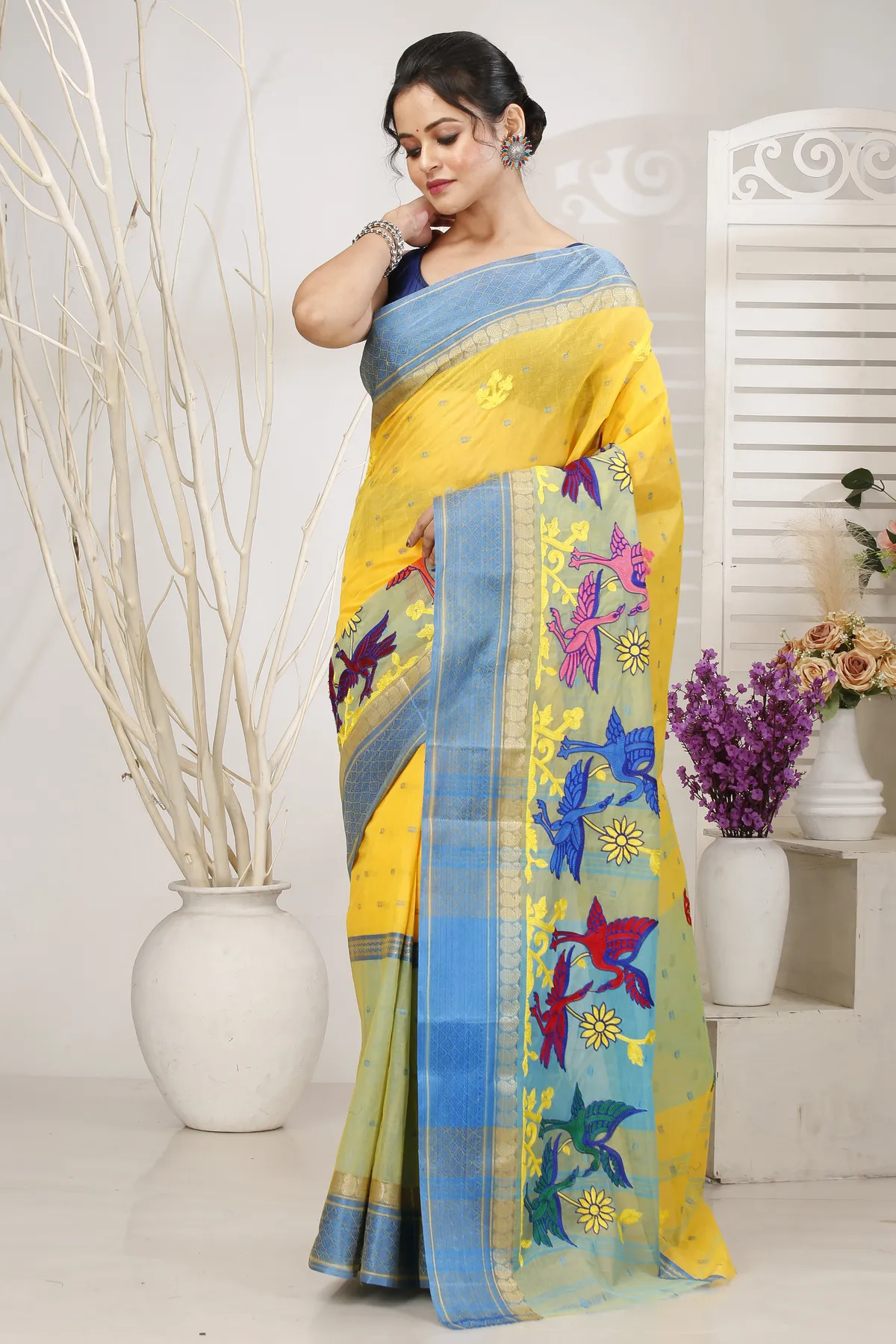 DipDiya Pure Cotton Light Yellow Embi Ganga Bok Woven with Love Embroidery Tant Sarees